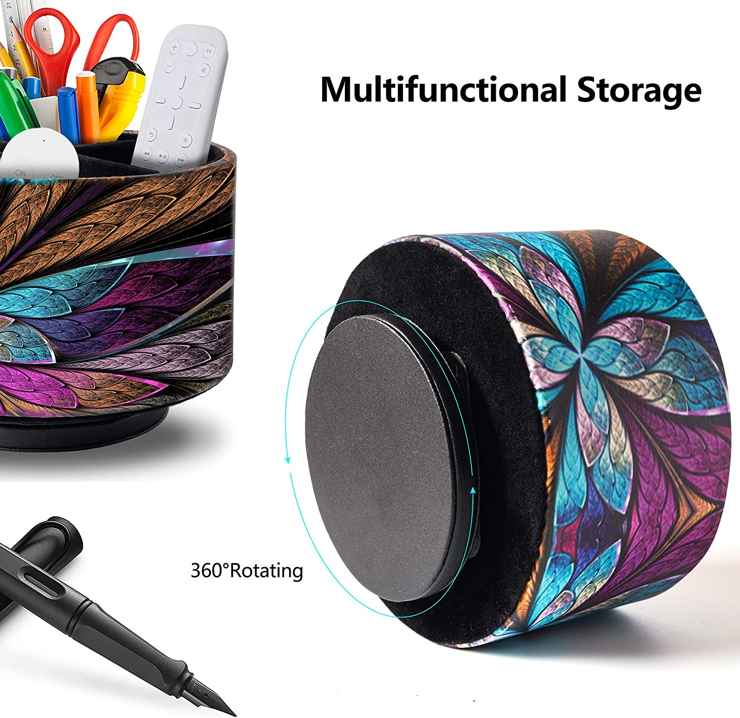 HOMIEST round Leather Art Supply Organizer,Remote Control Holder,360 Degree Spinning,Multi-Functional Pencil Holder,4 Compartments Desktop Stationary Organizer image number 6