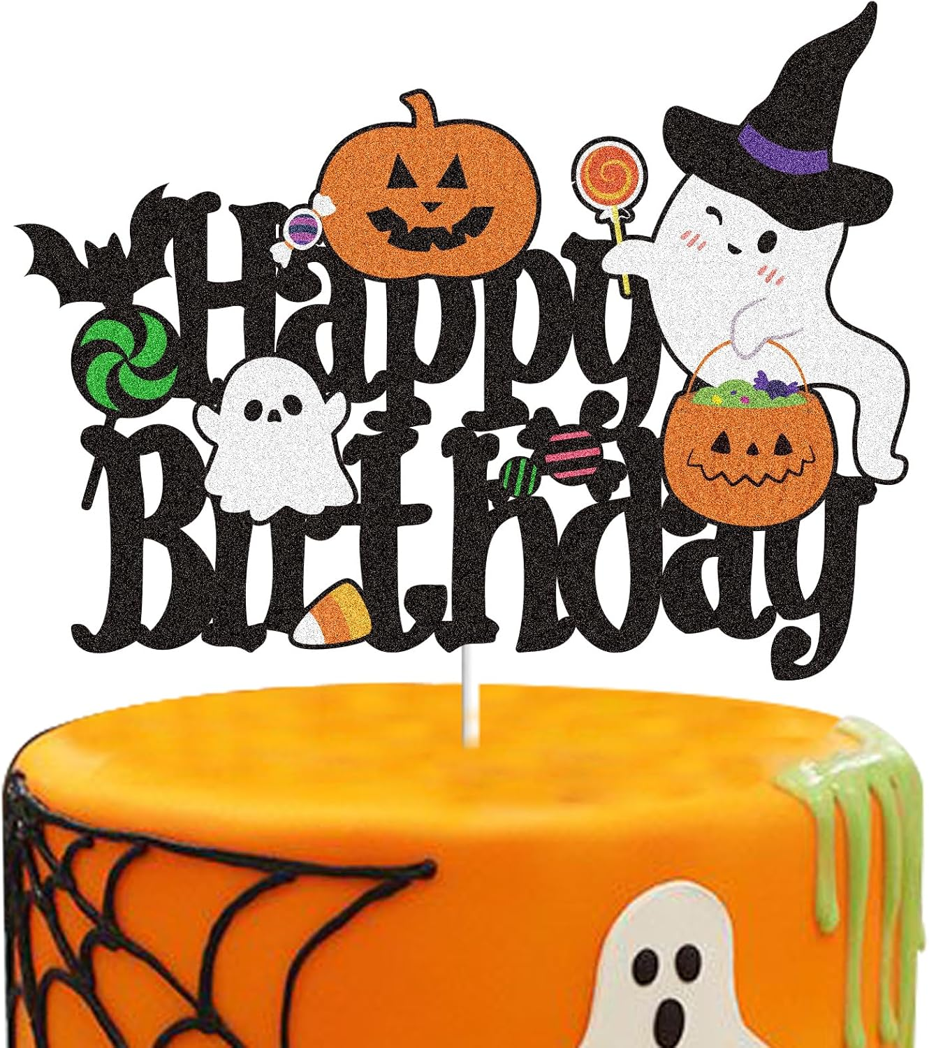 Happy Halloween Cake Topper Halloween Holiday Decorations Black Glitter Ghost House Pumpkin Moon Bat Themed Halloween Party Decoration Supplies - Birthday Witch image number 4