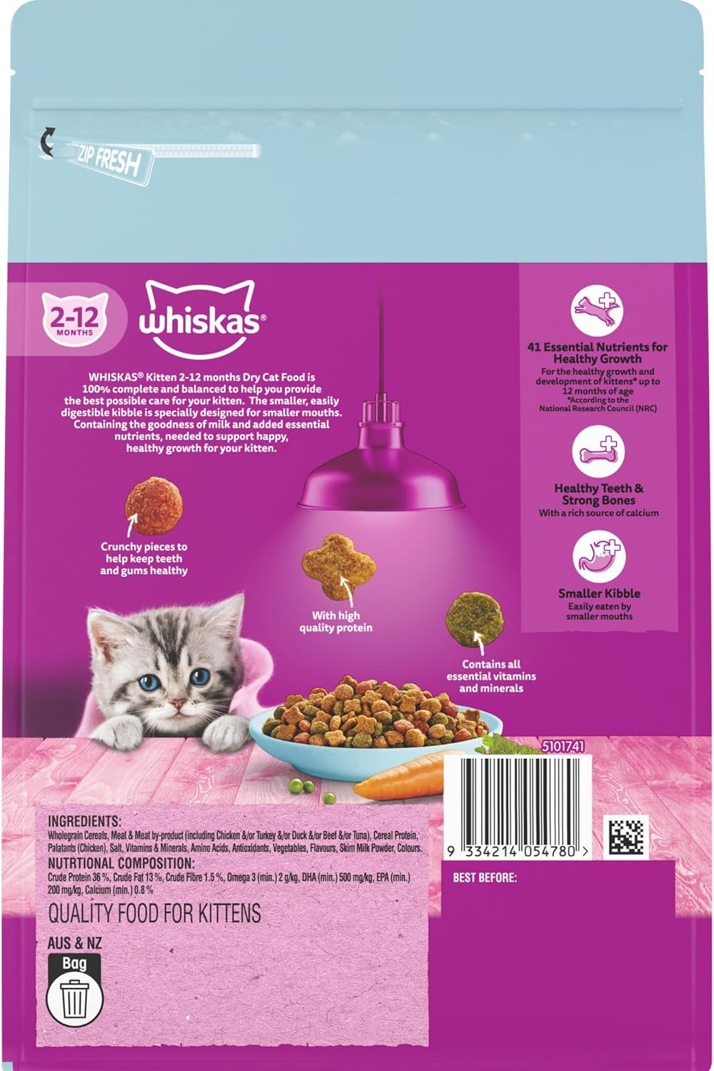 Whiskas Kitten Dry Cat Food Chicken & Tuna 800G Bag, 6 Pack image number 1