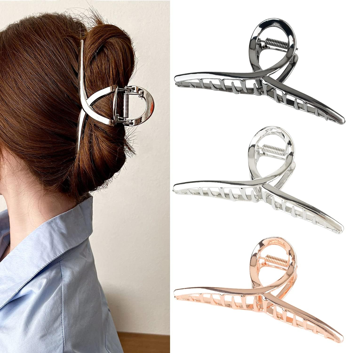 FAELBATY Hair Clip Claws Set of 3 (Glossy Silver, Dark Grey, Rose Gold) - Glossy Metal Hair Clips, Large Hair Accessories for Women and Girls, Strong Hold Barrette, 3 Pcs image number 3