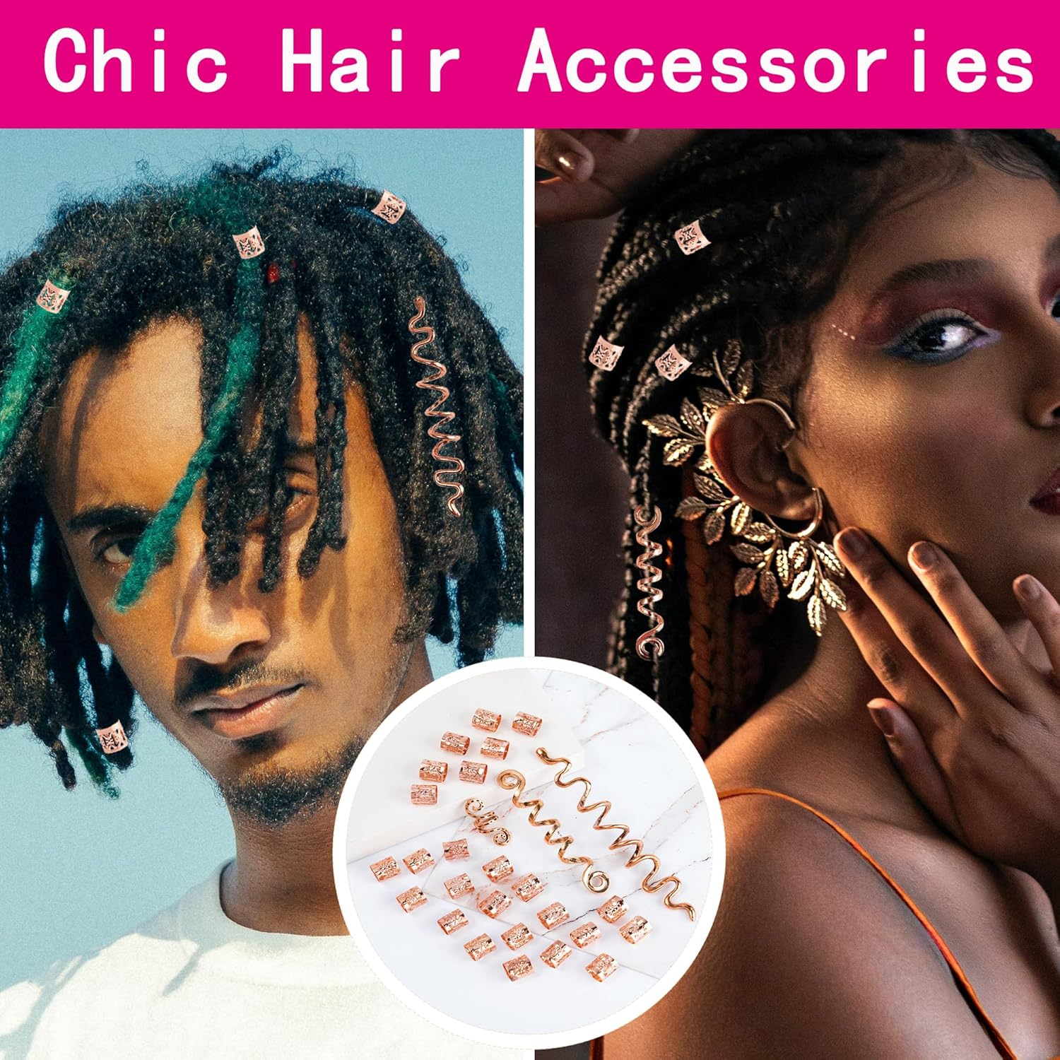 XCSJ Dreadlock Jewellery Hair Spirals Clips Hair Braid Rings Adjustable Metal Cuffs Hair Dreadlocks Accessories Cuffs Hair Accessories Set Hair Spirals Dreadlocks for Men Women - 28 Pieces (Rose Gold) - Rose Gold, 20 Pieces image number 5