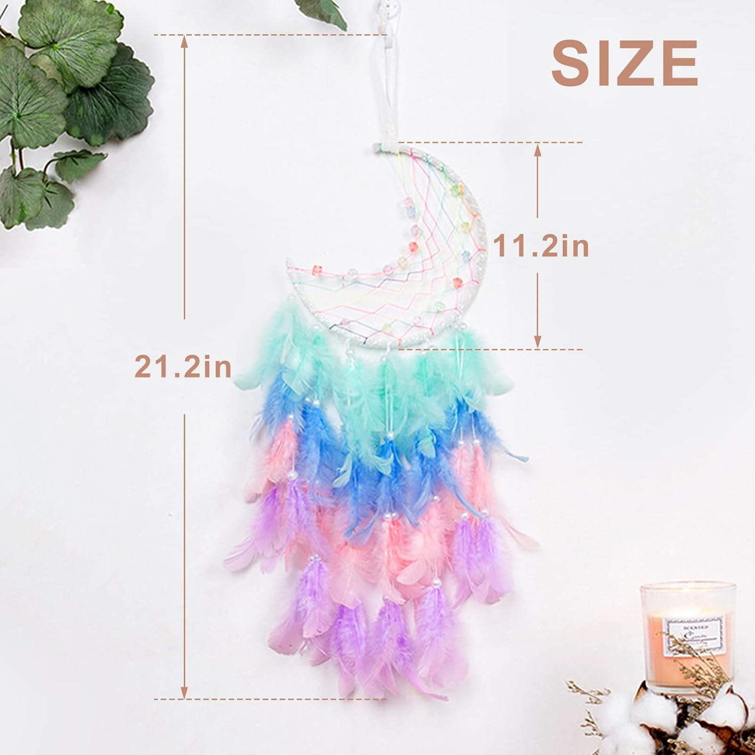 Funincrea Dream Catcher Half Moon Dream Catcher with Feathers Handmade Indian Style Wall Hanging for Living Room Bedroom Dorm (Green) - Blue image number 5