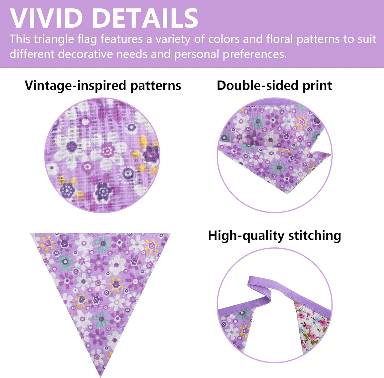 33Ft Floral Triangle Flags, Vintage Bright Triangle Pennants, Purple Bunting Garland Fabric Banner for Birthday Wedding Garden Party Afternoon Tea Decor Outdoor & Home Decoration image number 3