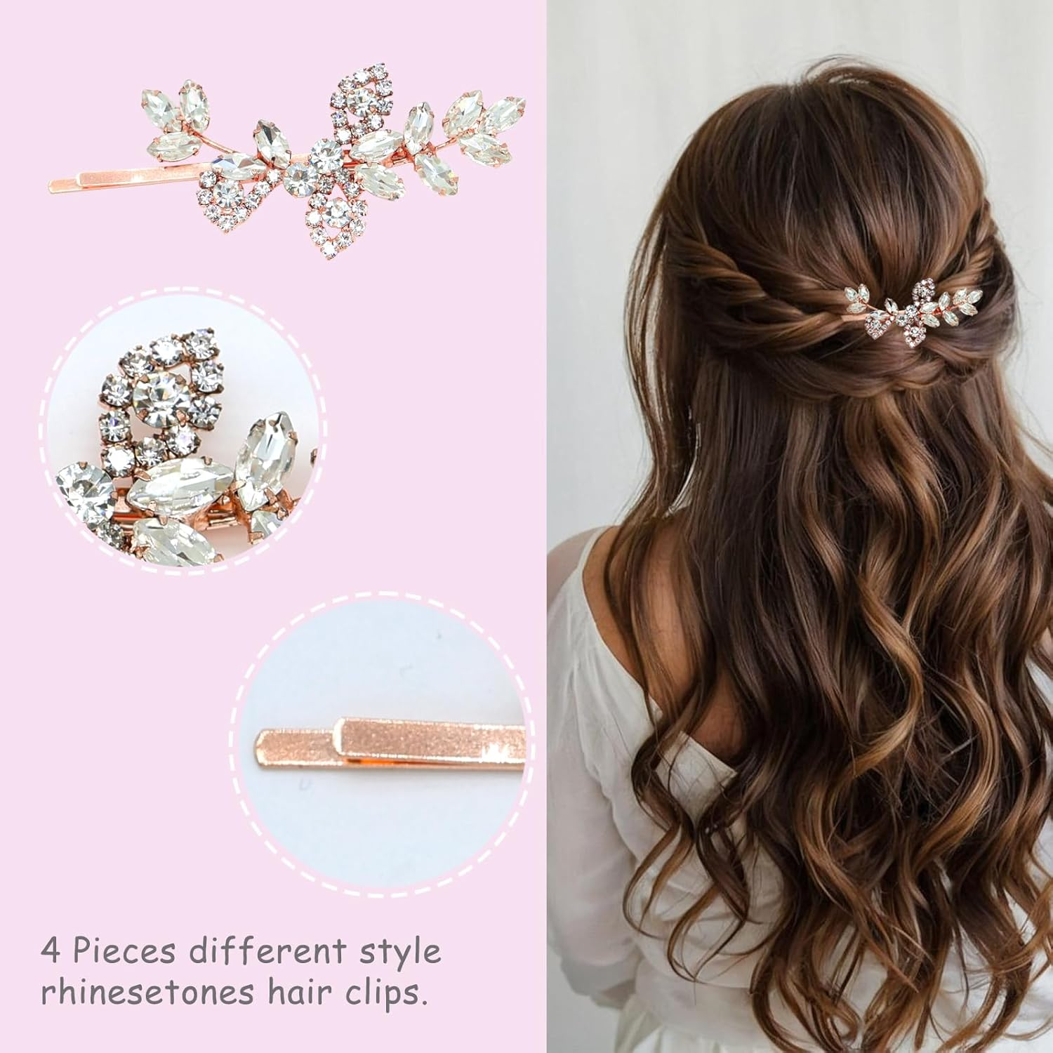 4 Pieces Rhinestone Hair Clips Leaf Wedding Hair Pins Crystal Bobby Pins Silver Bridal Hairpin Barrette for Brides Bridesmaids Flower Girls (Rose Gold) image number 5