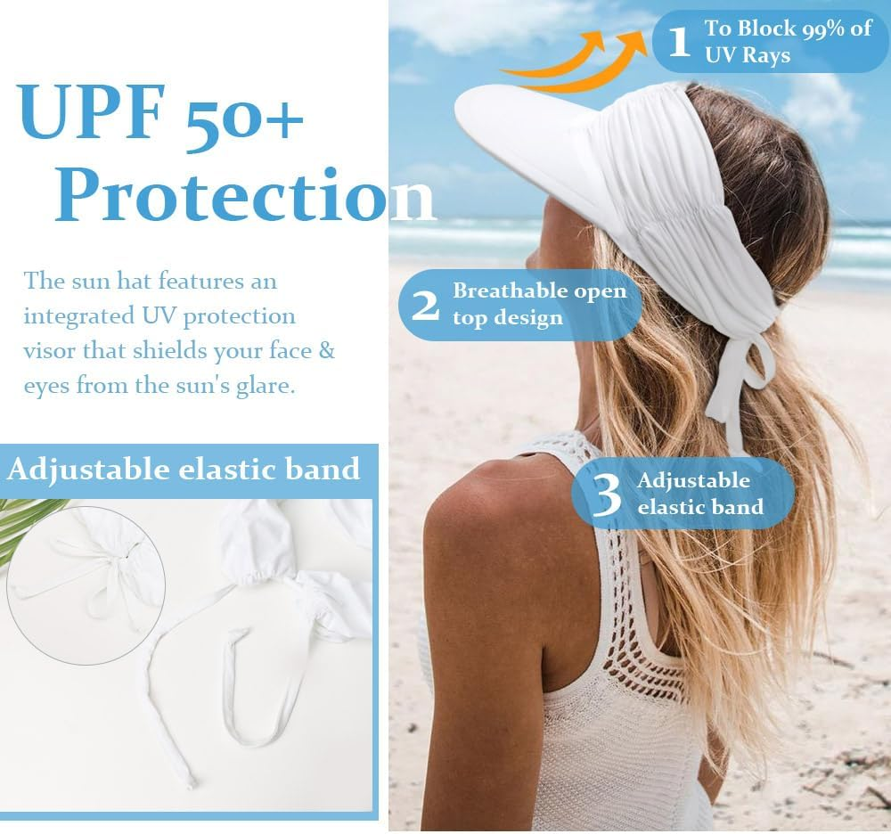 Women Visor Sun Hat Adjustable Foldable Wide Brim Sun Hats Summer UPF 50+ UV Protection Visor Cap for Outdoor Beach
