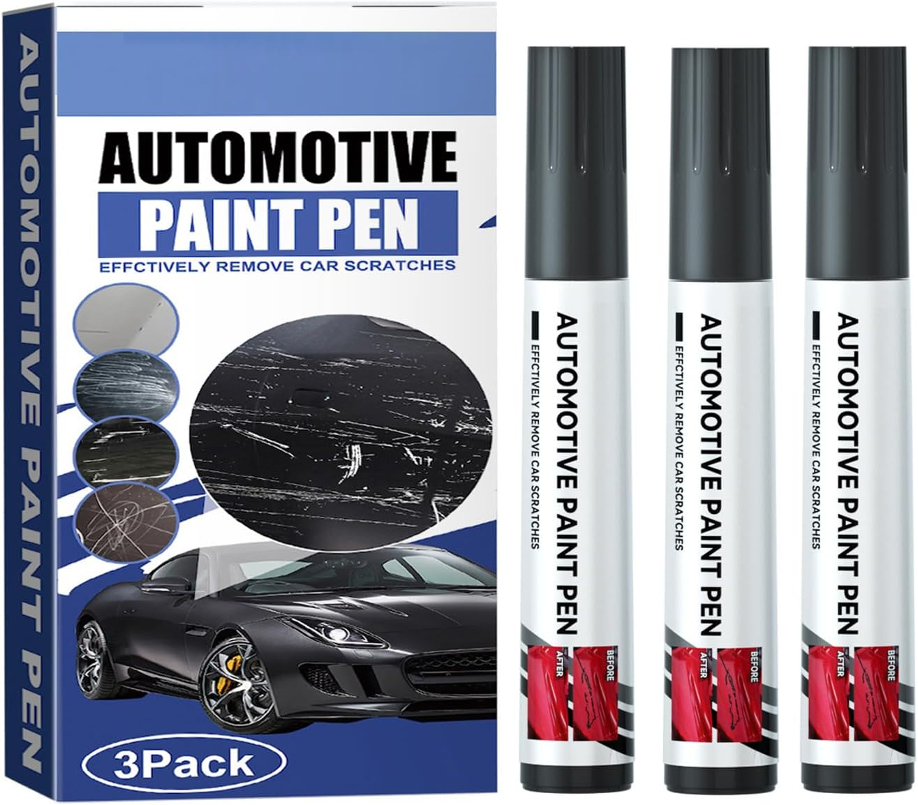 POKITA X 2 in 1 Car Touch up Paint Pen Set (3 PCS) &ndash; Exact Color Match for Black & White Cars, Quick Fix for Scratches & Paint Damage, Waterproof, Quick Drying & Safe, Upgraded Soft Pen Tip (BLACK)