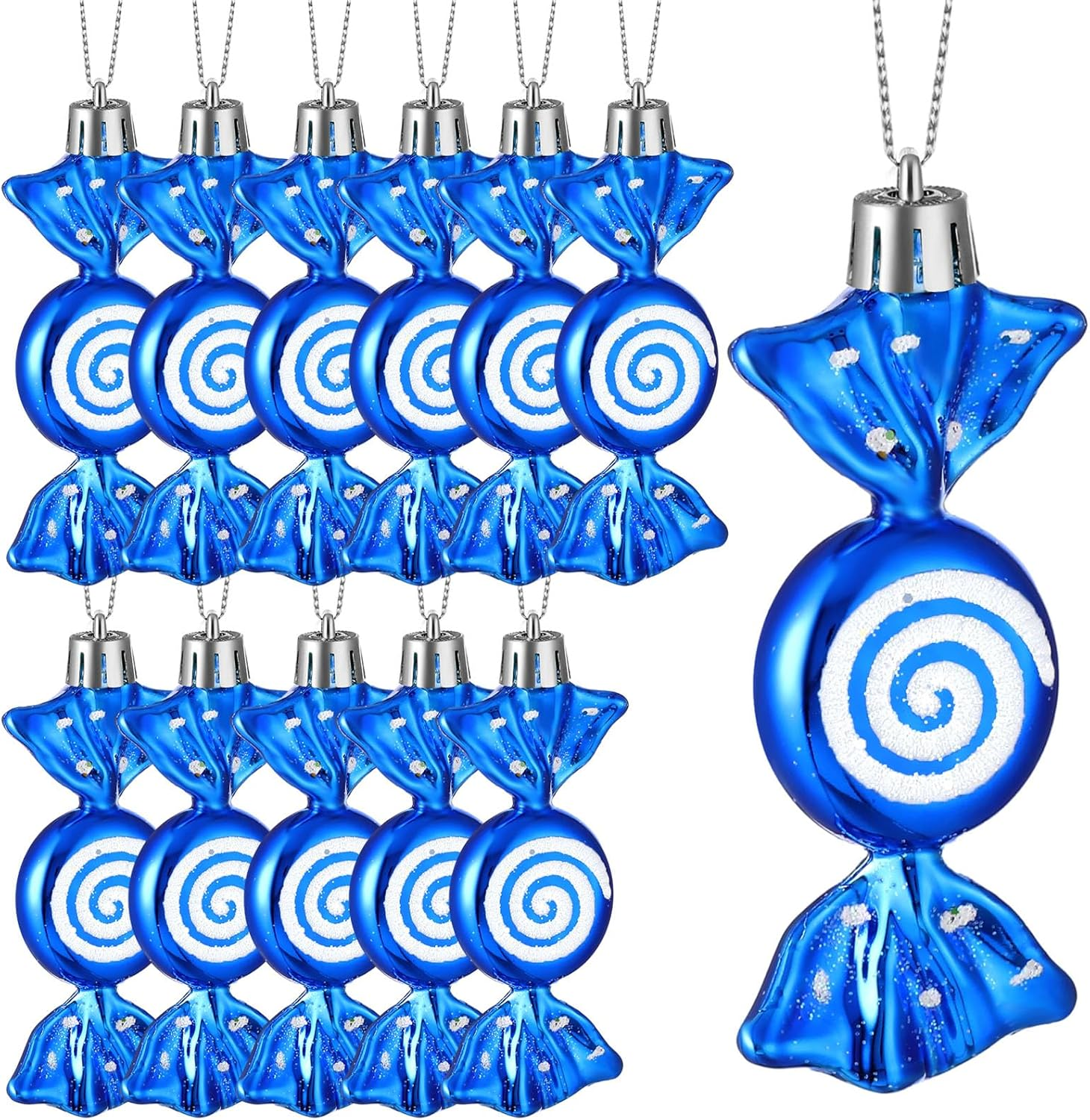 Threan 12 Christmas Tree Sweets Christmas Tree Decorations Candy Glitter Hanging Christmas Candy Ornaments Candy Cane Decoration with Golden Ropes (Blue, Plastic)