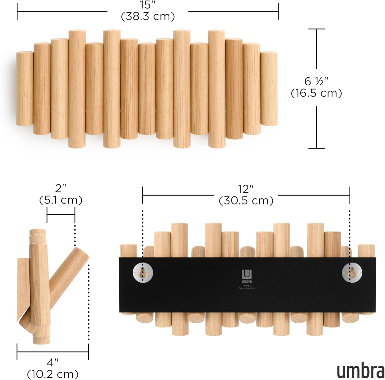 Umbra, Natural Picket 5 Hooks, Wall-Mounted Rail, Doubles as Art, Beveled Pine Wood Dowels, Finish, 14.9 X 6.6 X 1.6