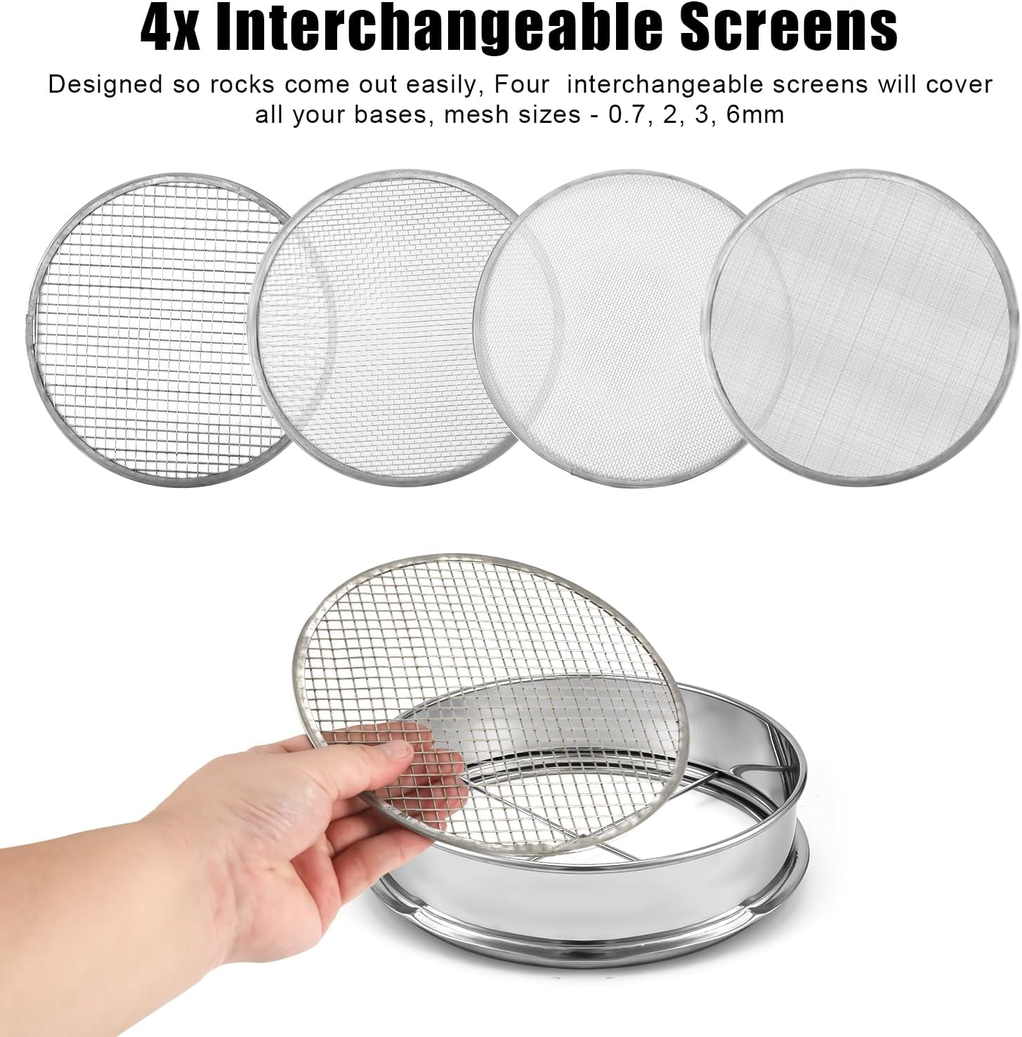 Soil Sifter Garden Sieve Set, 1Pc 30Cm/11.9In Stainless Steel Sifting Pan and 4Pcs 0.7/2/3/6Mm Mesh Sizes Garden Mesh Sieve Garden Soil Sieve Soil Filter Dirt Garden Sieve Soil Sifter image number 2