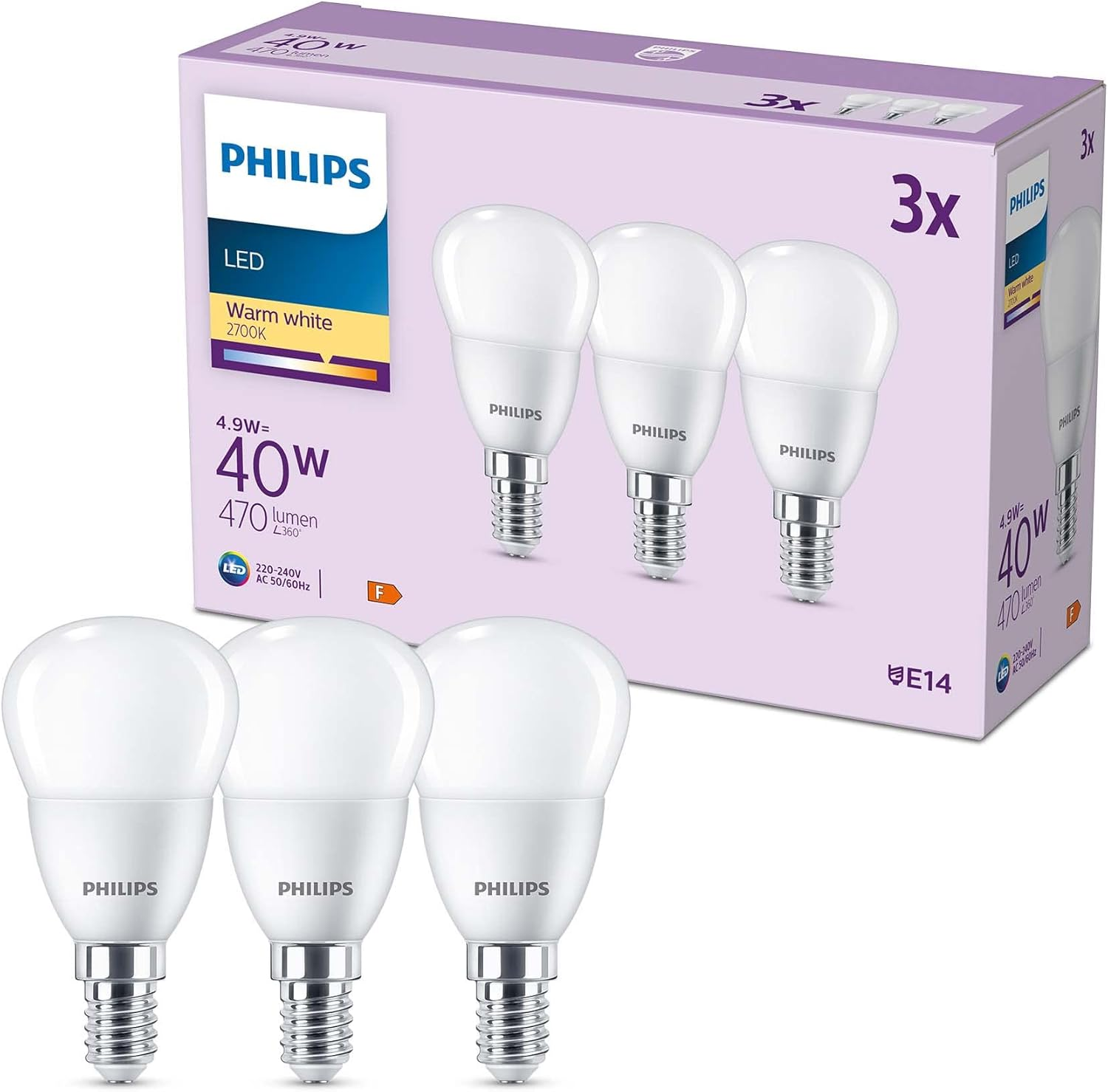 PHILIPS LED Frosted B35 Candle Light Bulb 3 Pack [Warm White 2700K - E14 Small Edison Screw] 40W, Non Dimmable. for Home Indoor Lighting