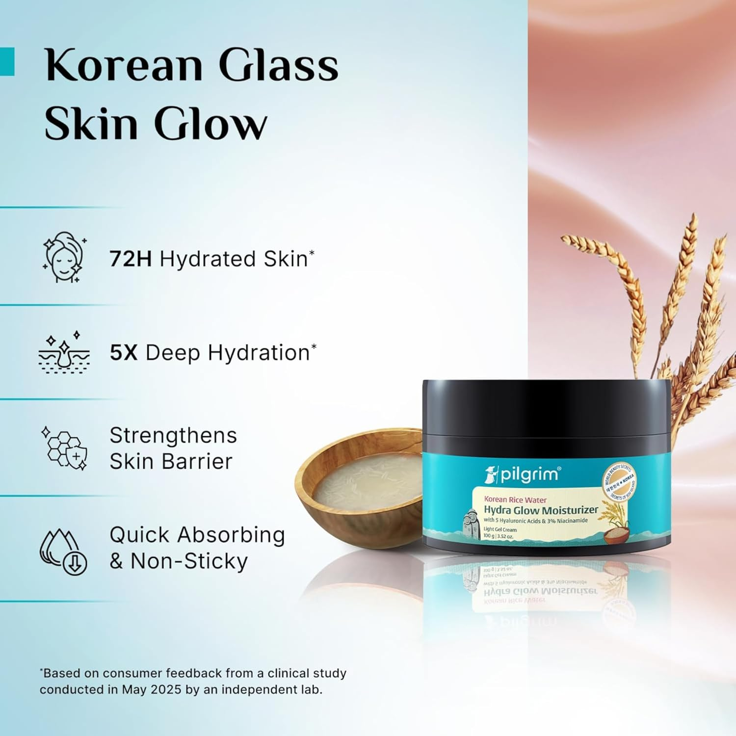 Pilgrim Korean Rice Water Hydra Glow Moisturizer 100Gm with 5 Hyaluronic Acids, 3% Niacinamide, 5 Ceramides | 5X Hydration & Instant Glass Skin | Oil-Free, Lightweight Gel | for Women & Men image number 3