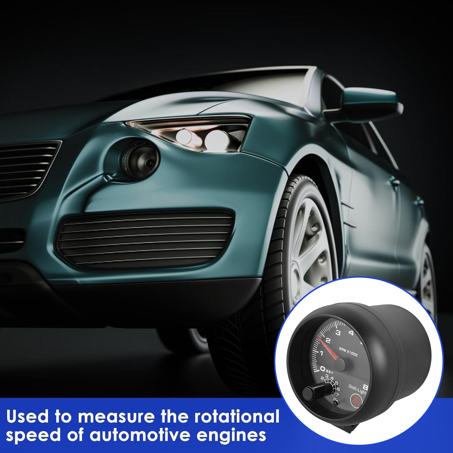 Car Tachometer Gauge Universal Car RPM Tachometer Gauge 3.75In Automobile Tachometer Adjustable Blue Inter Shift Light 0-8000RPM with Install Accessories for 12V Petrol Cars 1-2 Cylinder Motorbike