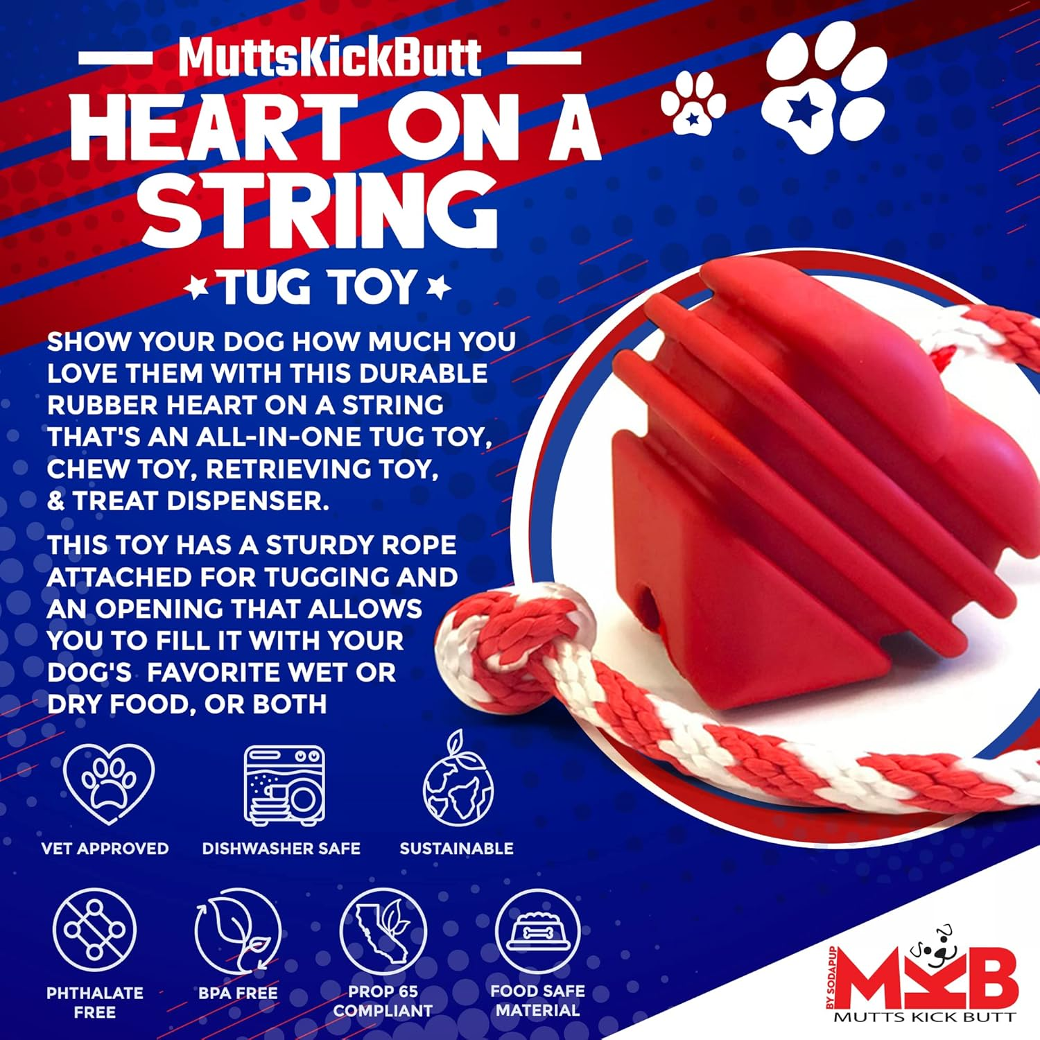 Mutts Kick Butt by Sodapup - Natural Rubber Heart on a String Reward Ball - Chew & Dental Toy - Aggressive Chewers - Red image number 5