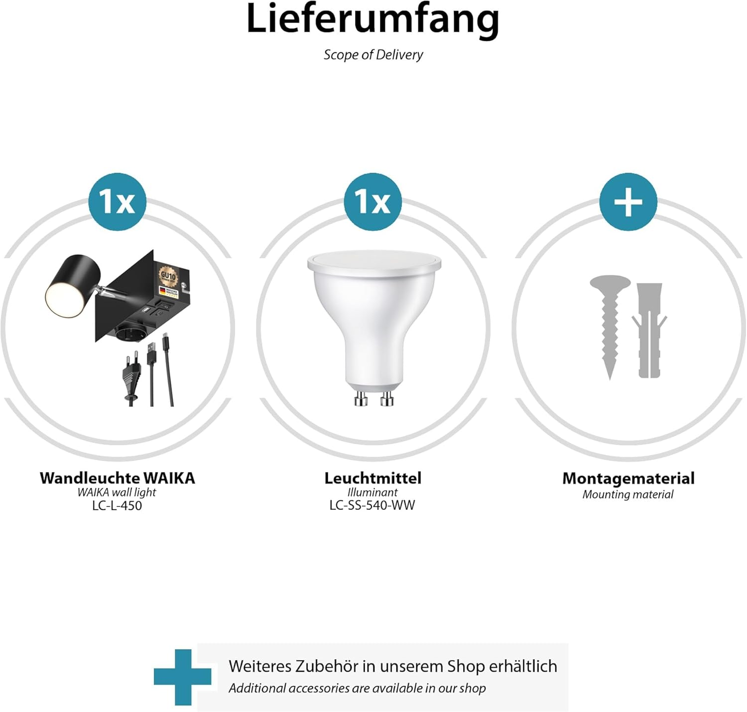Ledscom.De Waika Wall Spotlight 1-Bulb Black Socket USB-C USB-A Includes LED GU10 Lamp 450 Lm Warm White image number 3