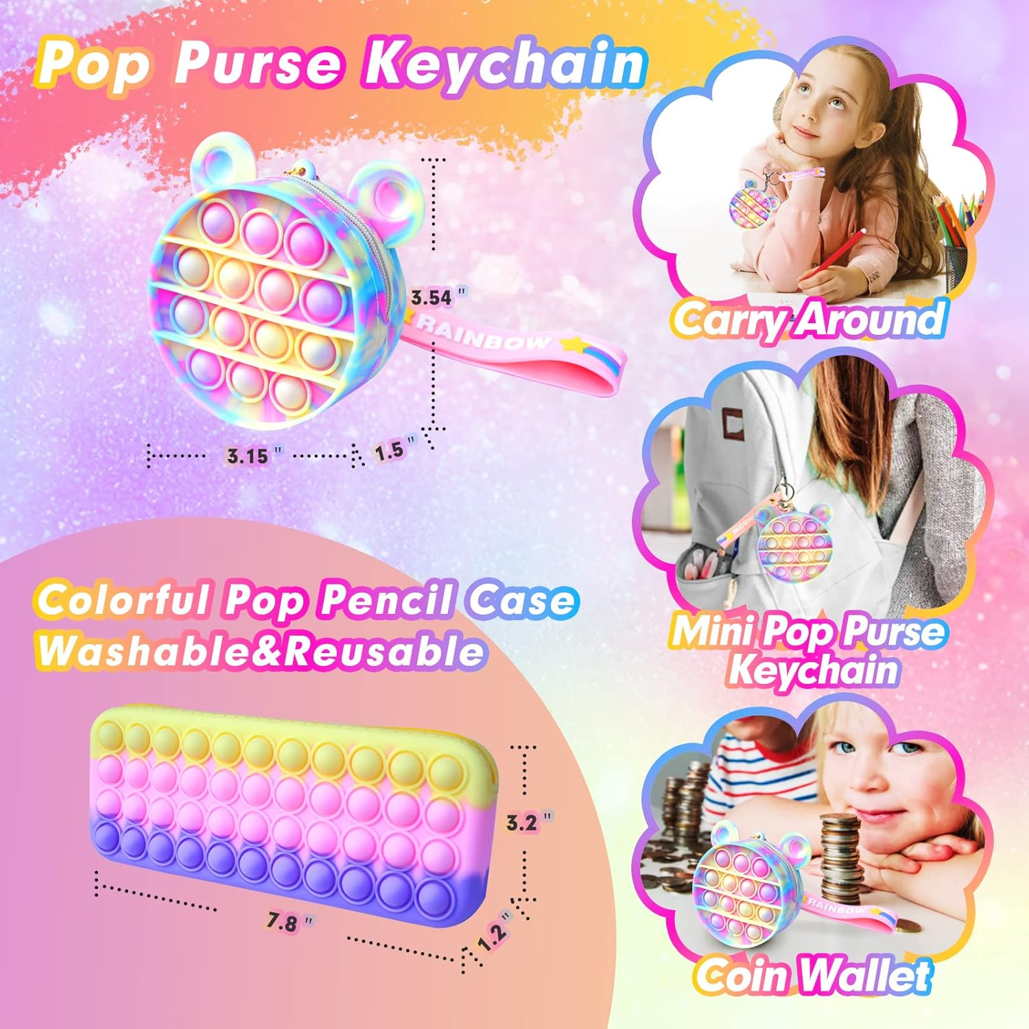 Large Pop Fidget Backpack for Girls, Pop It Bags&Pop It Notebook and Pencil Case for Kids' Fidget School Supplies for Elementary Student Stress Relief, Great Birthday Present Gift for Kids, Pink image number 3