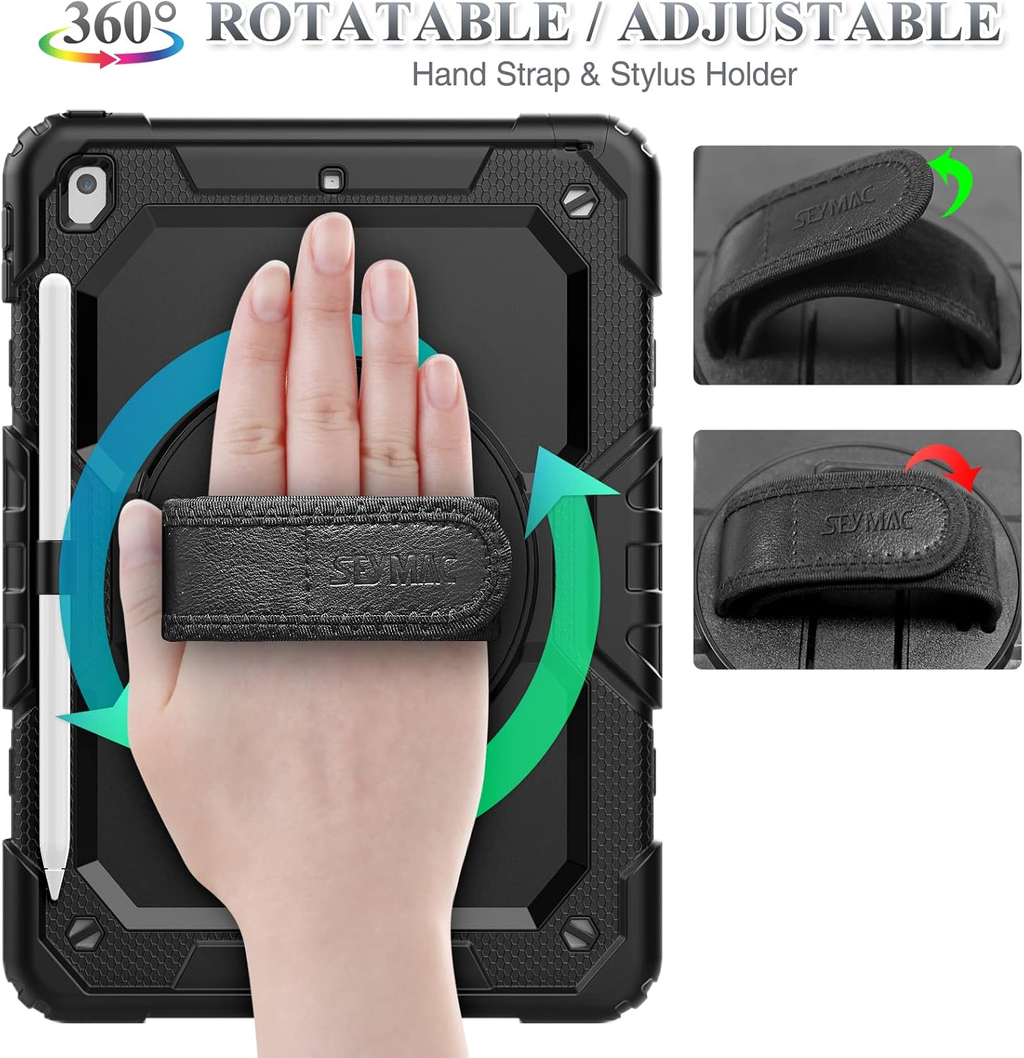 SEYMAC Stock Case for Ipad 9Th/ 8Th/ 7Th Generation 10.2&rsquo;&rsquo;, Shockproof Case with Screen Protector Pencil Holder [360&deg; Rotating Hand Strap] &Stand for Ipad 10.2 Inch 2021/2020/2019 (Black) image number 1