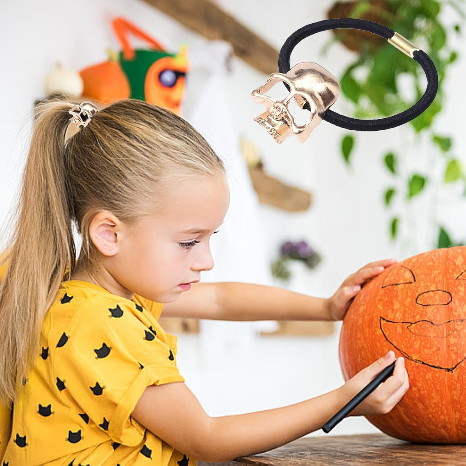 Halloween Skull Hair Ties for Thin Thick Hair,4Pcs Metal Skull Black Hair Elastics Scrunchies No Damage Hair Ropes Ponytail Holders Gothic Halloween Hair Accessories for Womens Girls Cosplay Costume image number 6