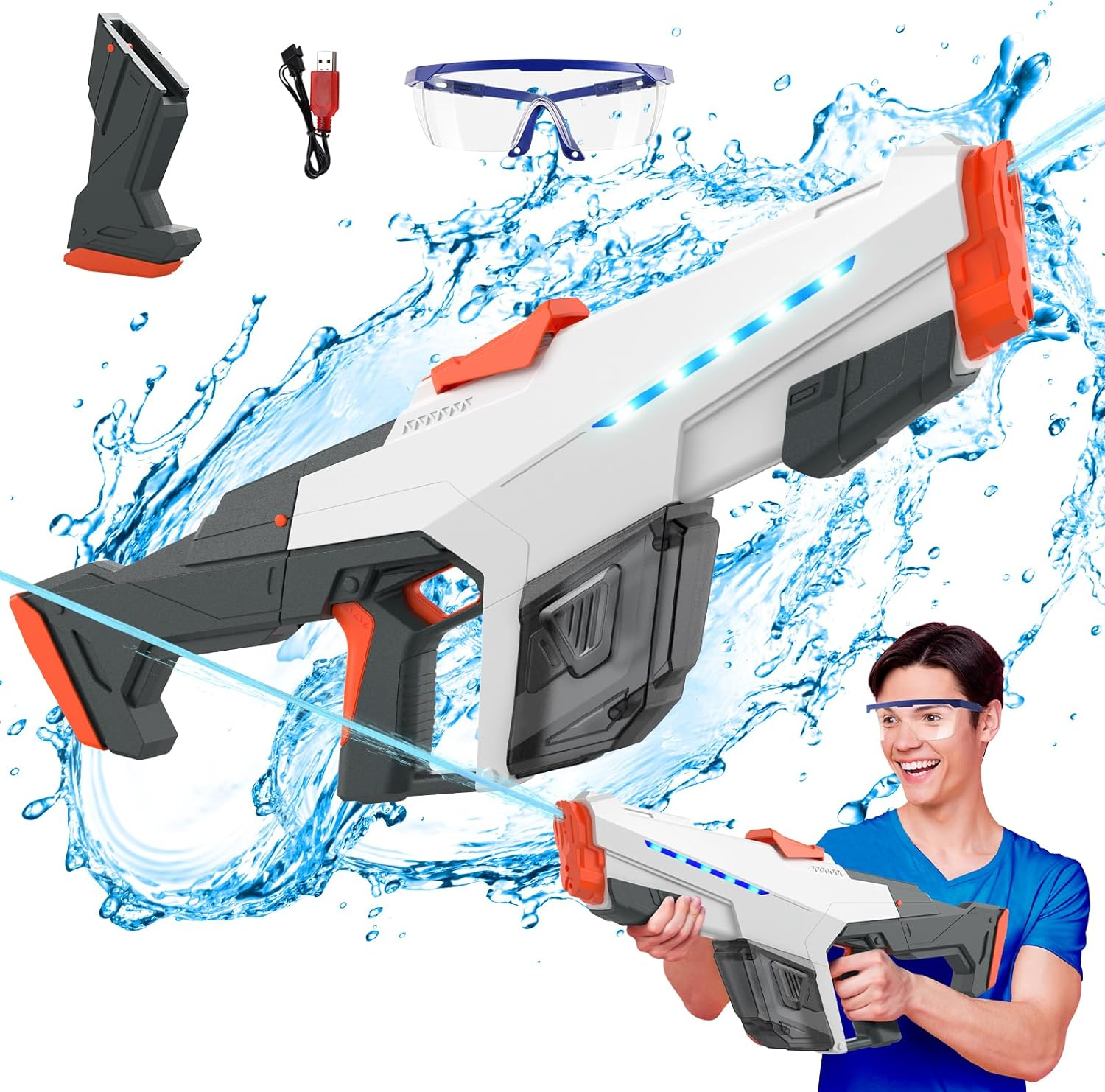Skirfy Electric Water Gun for Adult Kids, Outdoor Automatic Water Suction Water Blaster Squirt Modular Battery, Water Guns Summer Beach Swimming Pool Backyard Lawn Easter Party Games（Grey）