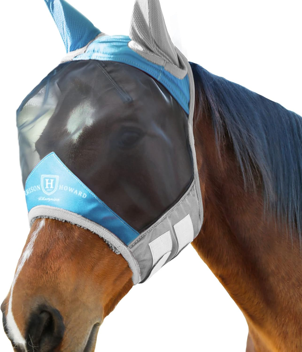 Harrison Howard Pro Luminous Horse Fly Mask Standard with Ears UV Protection for Horse Azure Blue/Silver XL Extra Full Size image number 3
