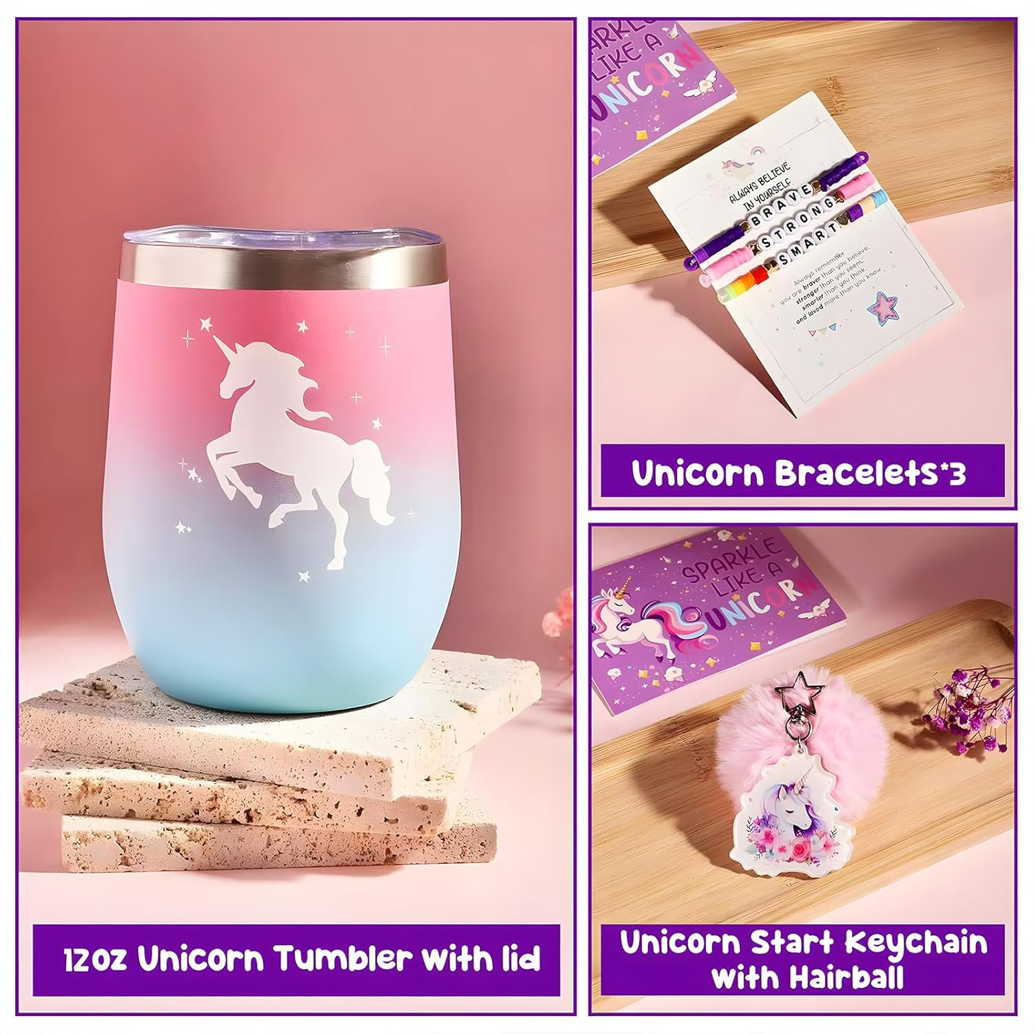 MAKTOR Unicorn Gift Set for Girls Ages 3+, Includes Glow Blanket, Water Bottle, Crossbody Bag Eye Mask, Drawstring Bacpack & Bracelets, Perfect for Birthdays, Holidays, Special Occasions image number 2
