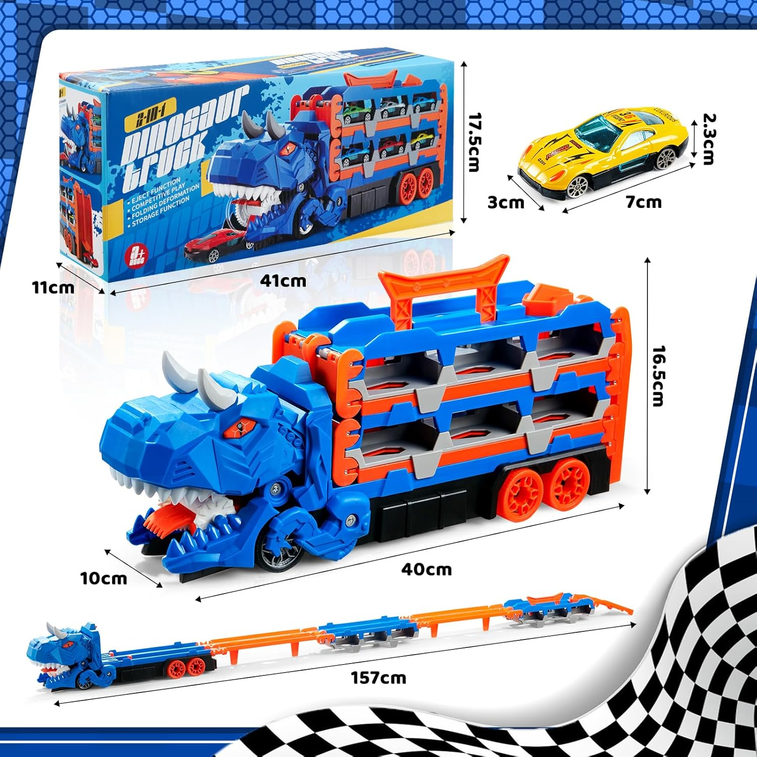 Car Toys for 3 4 5 6 Years Old Boys,Dinosaur Transporter Truck with 5-FT Race and 12 Die-Cast Cars,Toddler Dino Educational Toys for Kids 3-5 6-8 Year Old Boys Girls Birthday Gifts