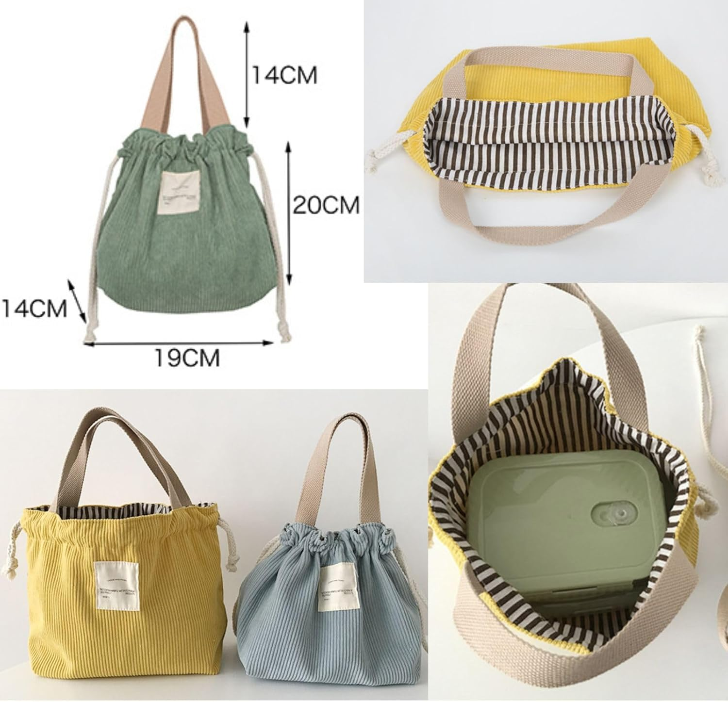 XINGNIAO Portable Drawstring Corduroy Bento Lunch Bag Japanese Style Bento Box Carrier - Pink image number 4