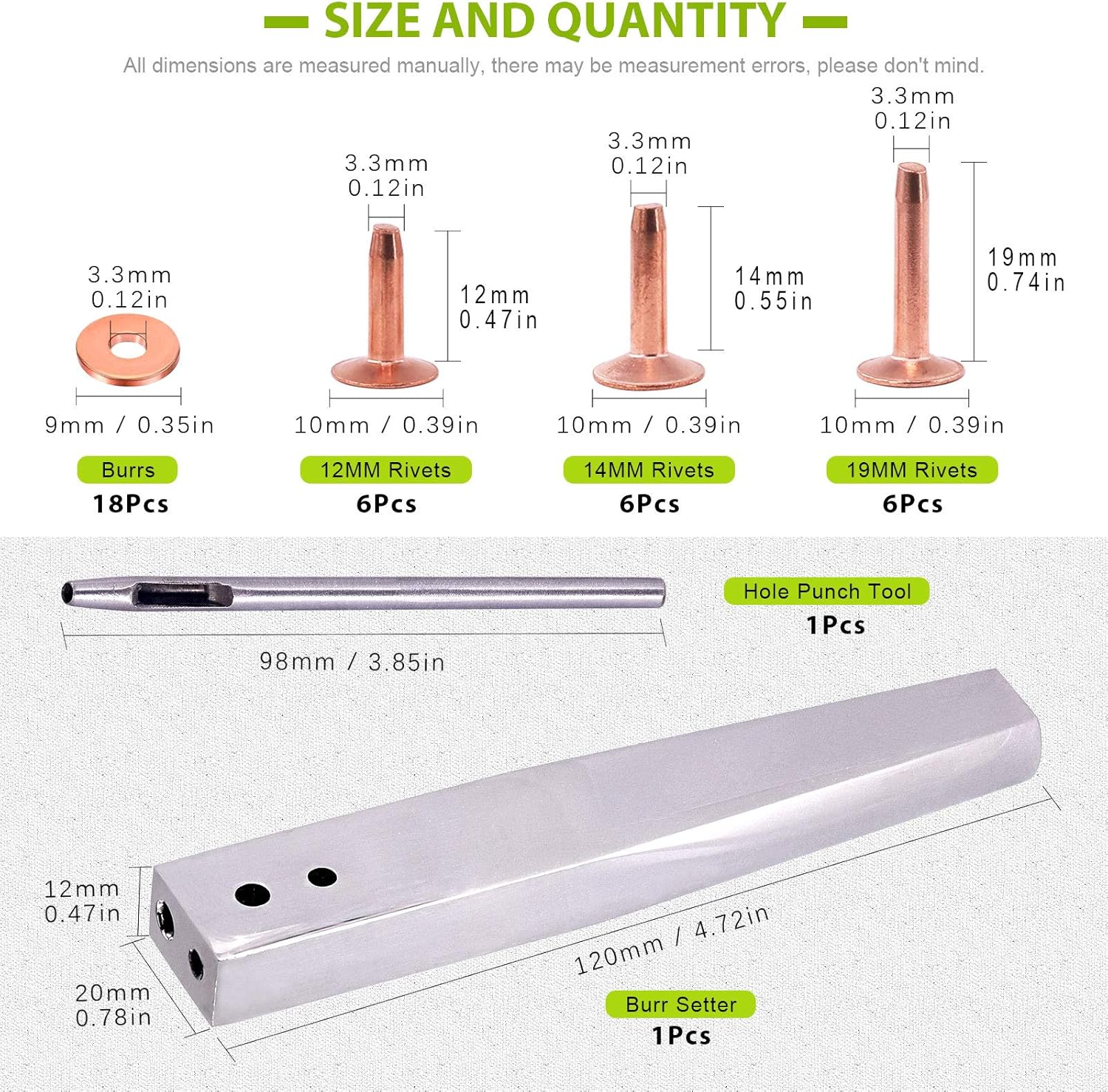 Keadic 18 Sets Copper Rivets and Burrs with Rivet Fastener Install Setting Tool and Hole Punch Cutter for Leather Products: Belts, Handbags, Ropes, Bags, Leather DIY Craft Supplies （Size 9 and 12) image number 3