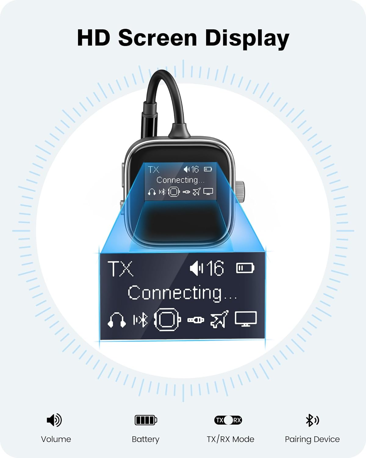 LENCENT Airplane Bluetooth 5.3 Adapter, 2 in 1 Bluetooth Transmitter & Receiver for Airpods or Headphones Dual Pairs, HD Display, 3.5Mm AUX Jack Wireless Audio Transmitter for Planes, TV, Car image number 6