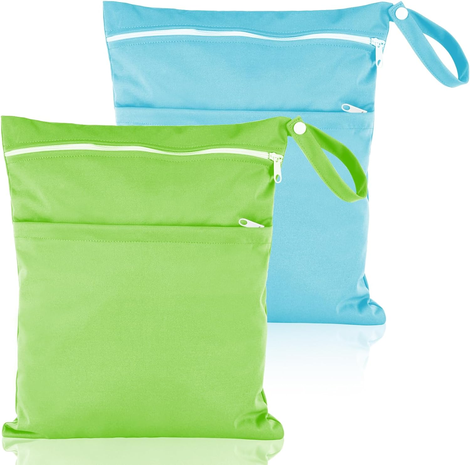 2 Packs Wet Bag, Waterproof Wet Dry Bags Reusable Washable Cloth Diaper Bags Nappy Bags with Double Zipper Pockets for Baby Items Wet Clothes Swimming Gym Pool Beach Bag, Purple+Green,