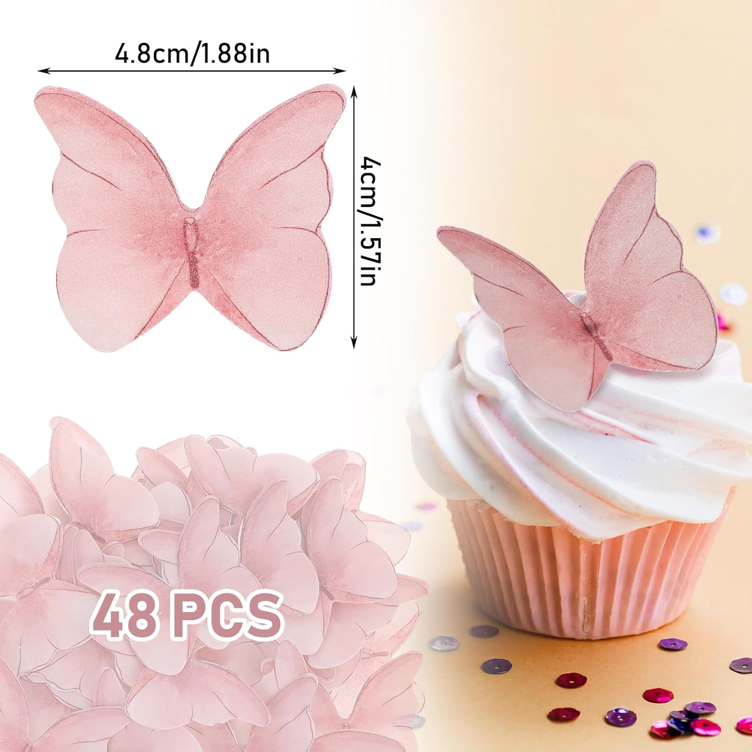 48PCS Edible Butterfly Cake Decorations Wafer Paper Butterflies for Cake Decorating, Vivid Colorful Butterfly Cupcake Toppers for Wedding Birthday Party Cupcakes Decorating Supplies(Pink) image number 4