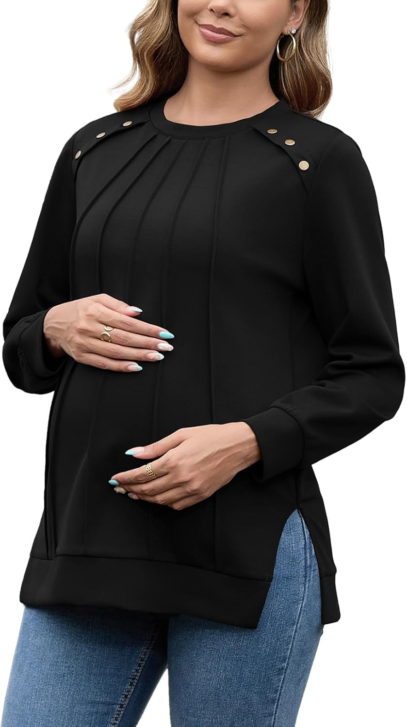 DEBELLY Maternity Sweatshirt Long Sleeve Button Side Split Fall Pregnancy Tops in Front Pleated for Women