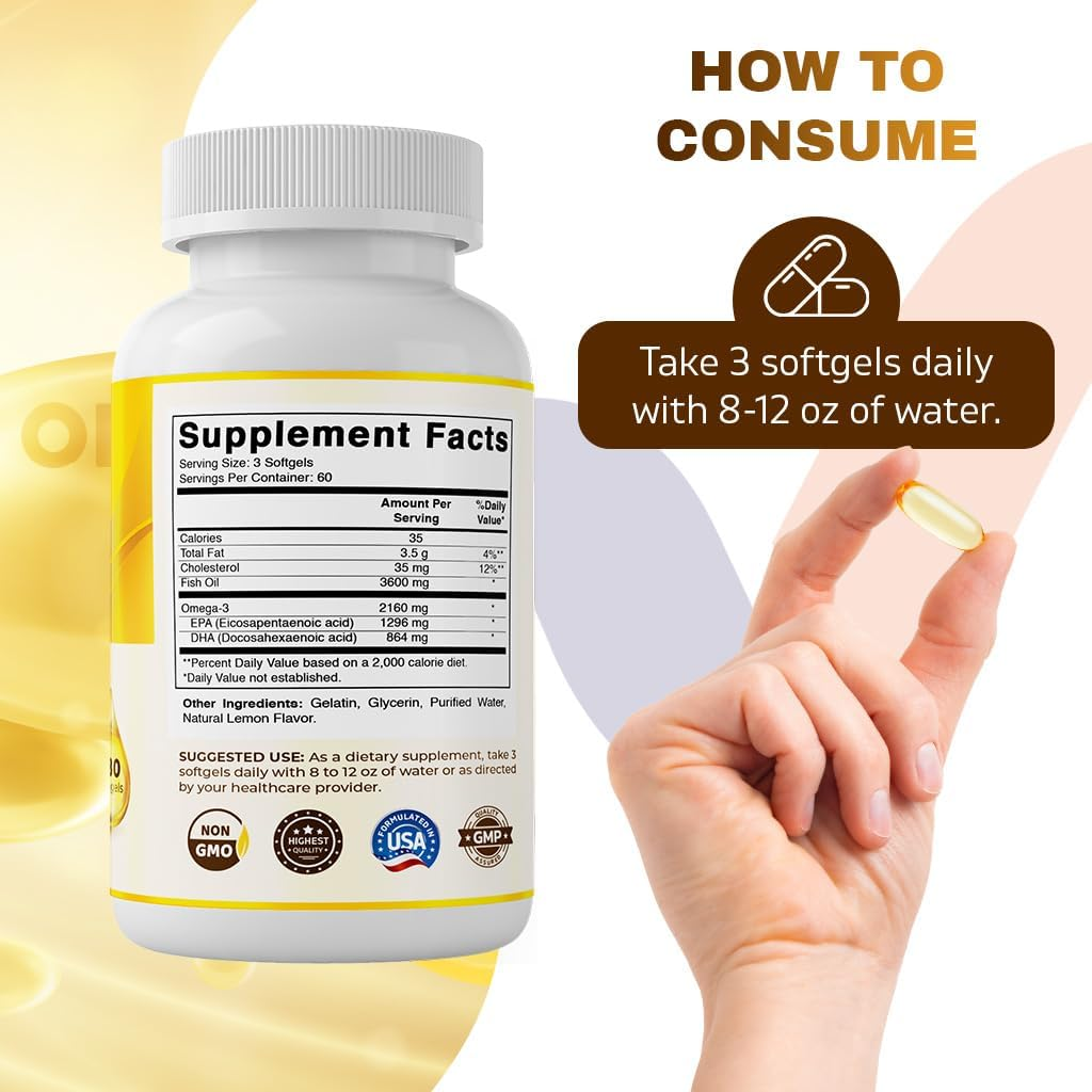 Vitamatic Triple Strength Omega 3 Fish Oil 3600Mg per Serving, 2160Mg Omega 3 Fatty Acids, 1296Mg EPA + 864Mg DHA, Burpless Lemon Flavor, 180 Softgels image number 4