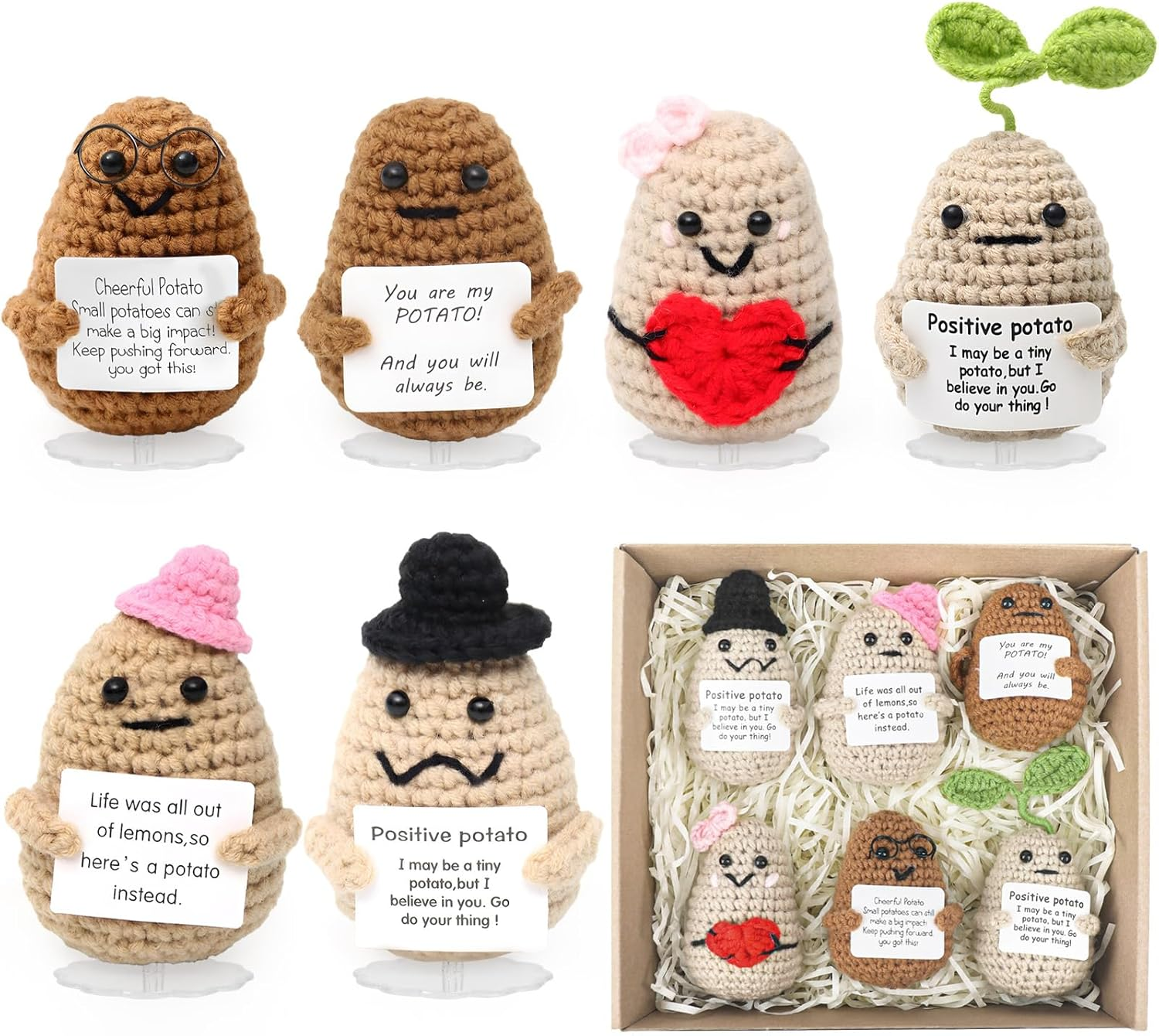 ZCOINS 6 Pcs Crochet Emotional Support Positive Potato for Women, Small Plush Novelty Funny Emotional Support Potato Pickle Toys with Positive Note for Desk Home Decor Birthday Valentines Gift image number 4