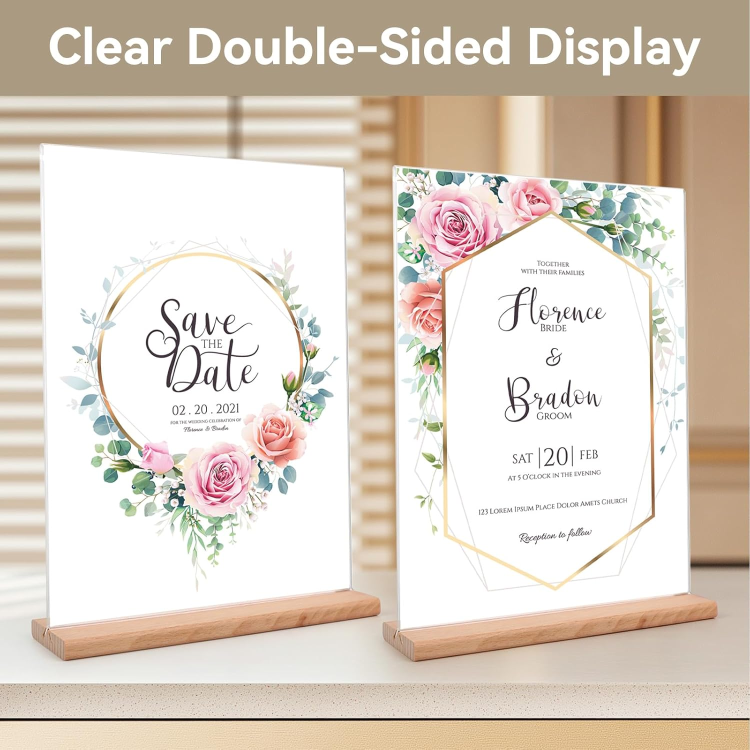 Fayrvind 5 Pack A5 Acrylic Sign Holder with Wooden Base, T-Shape Perspex Display Holder, Double Sided Clear Menu Poster, Wedding Table Number Stands, Tabletop Sign Holder for Retailer Vendor Booth image number 3