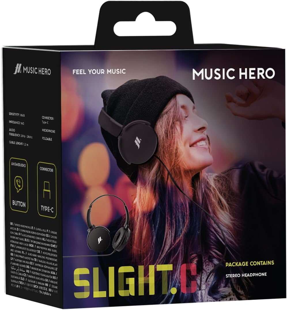 Music Hero USB C Headphones, Length 1.2 M, Rotating Ear Cups, Built-In Microphone, Answer/End Call Button, Adjustable Headband, Black