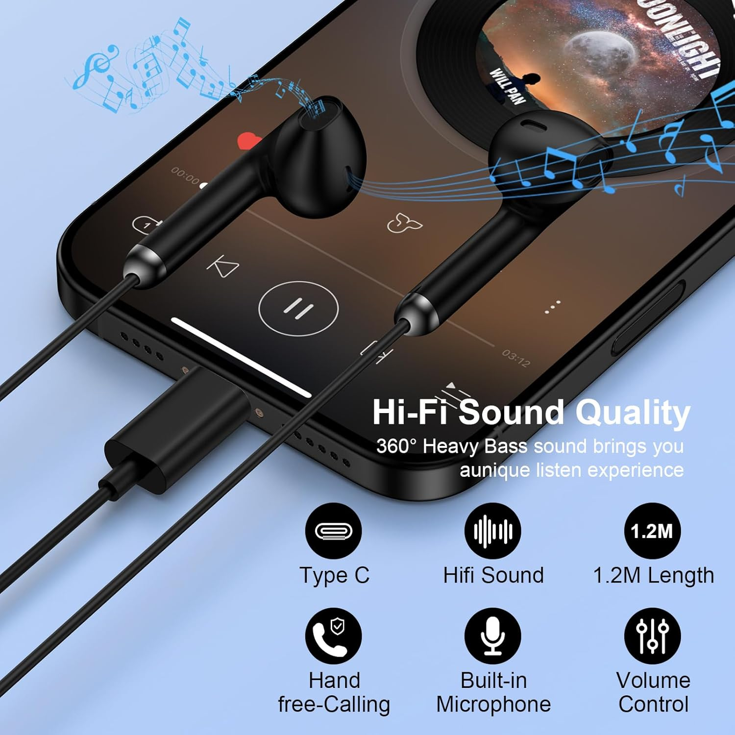 In-Ear Headphones with Cable Type C for Samsung S23 S22 S21 S20 A53 A54 A34 (Black) image number 6