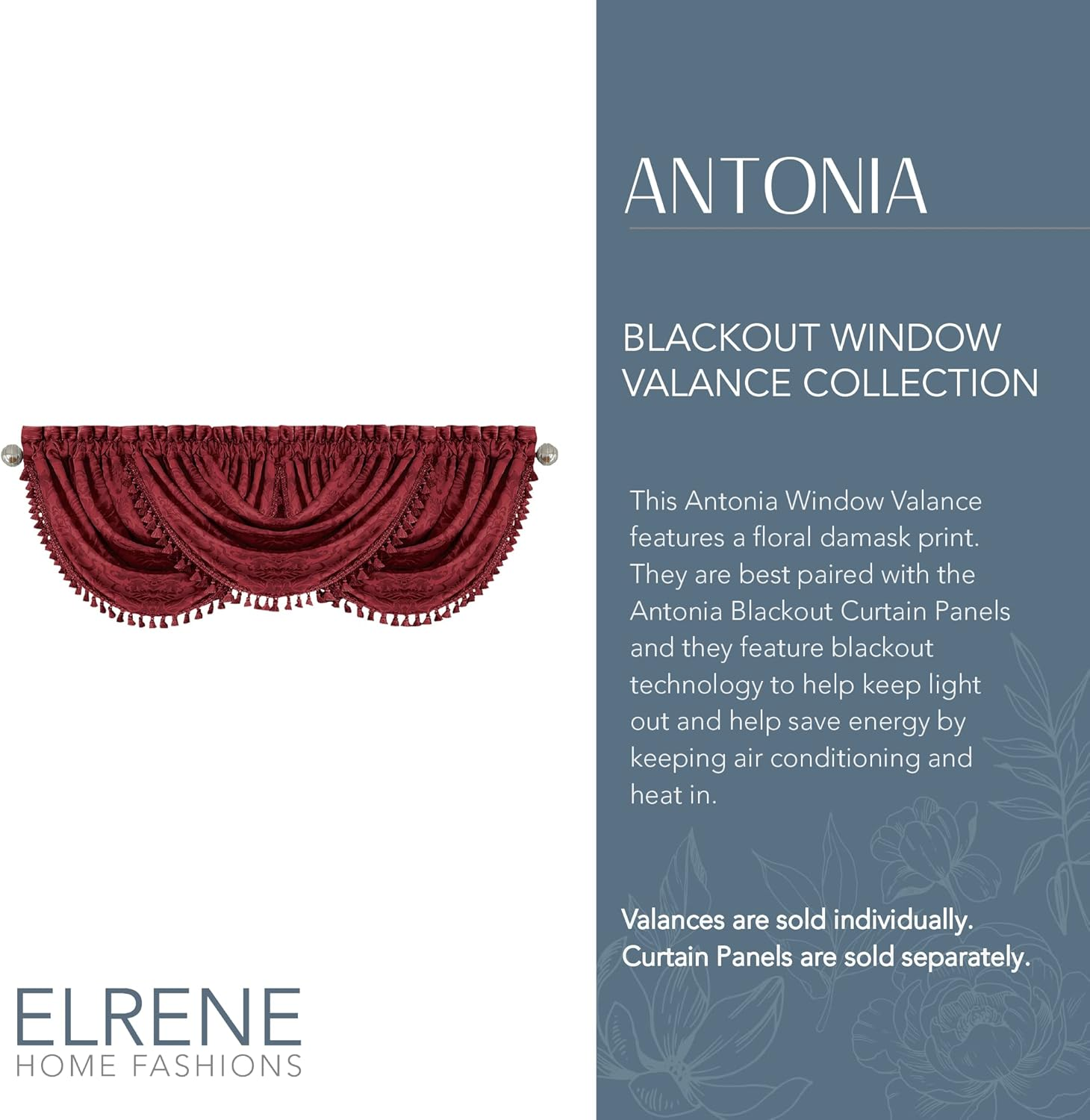 Elrene Home Fashions Antonia Blackout Rod Pocket/Back Tab Window Curtain Panel, Fabric, Rouge, 52" X 36" (1 Valance) image number 3