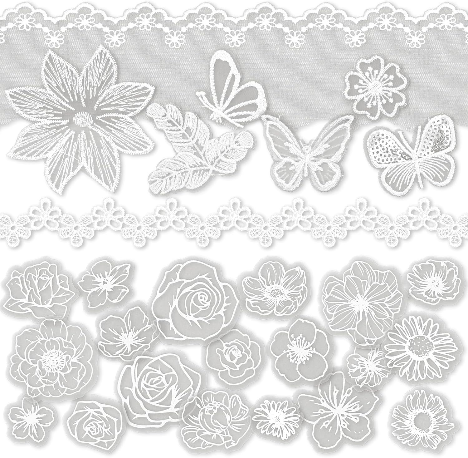 Vintage White Flower Decorative Paper Scrapbooking Paper Pack Aesthetic Paper with Lace Ribbon Embroidered Applique of Butterfly Flower Leaf for Junk Journal Diary Planner Art Supplies Kit (Purity)