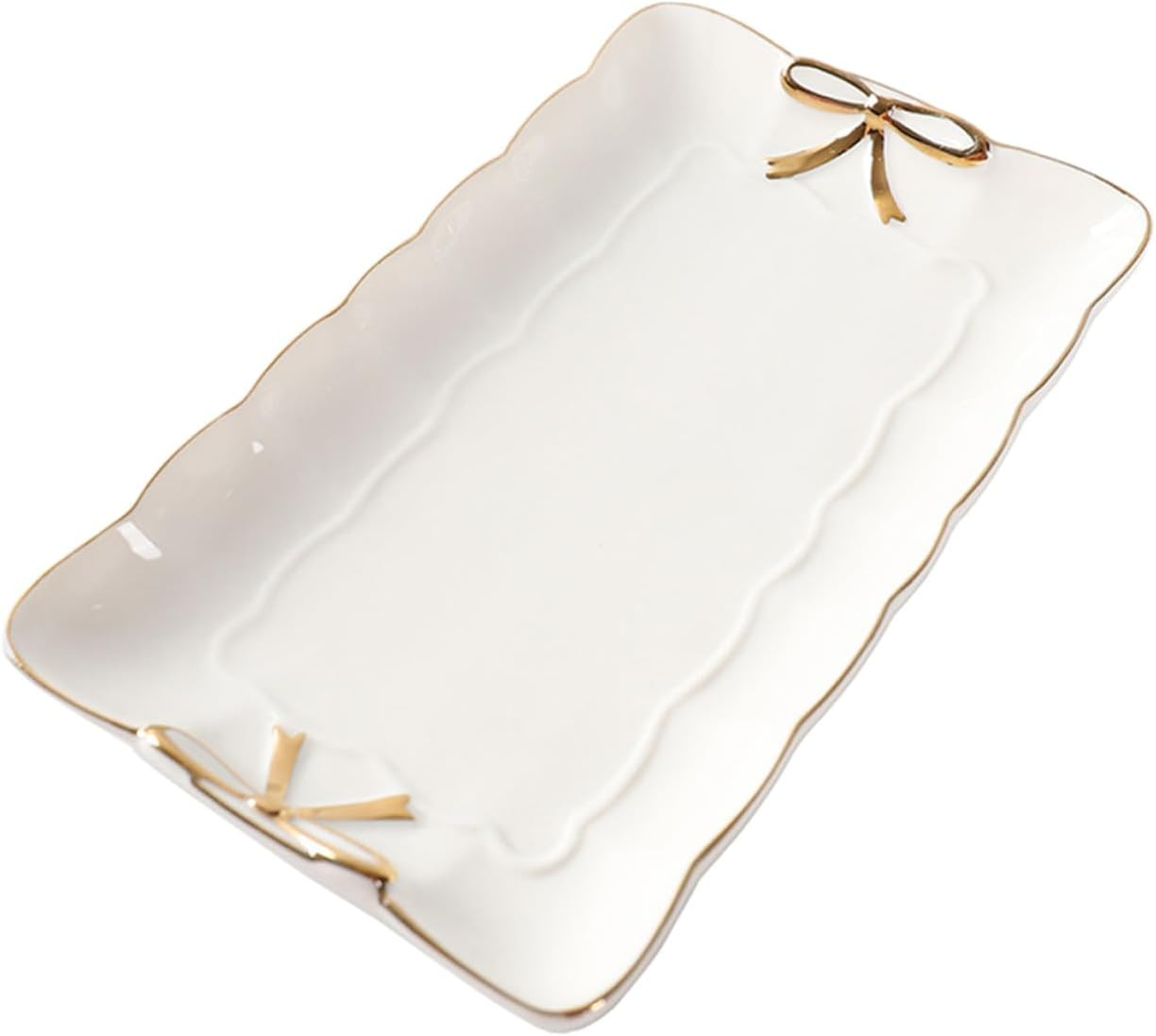 FRCOLOR Elegant Ceramic Jewelry Tray with Lace Edge Multi-Purpose Dessert Serving Dish and Appetizer Plate for Coffee Table Vanity Dining Kitchen and Home White Decorative Platter image number 1