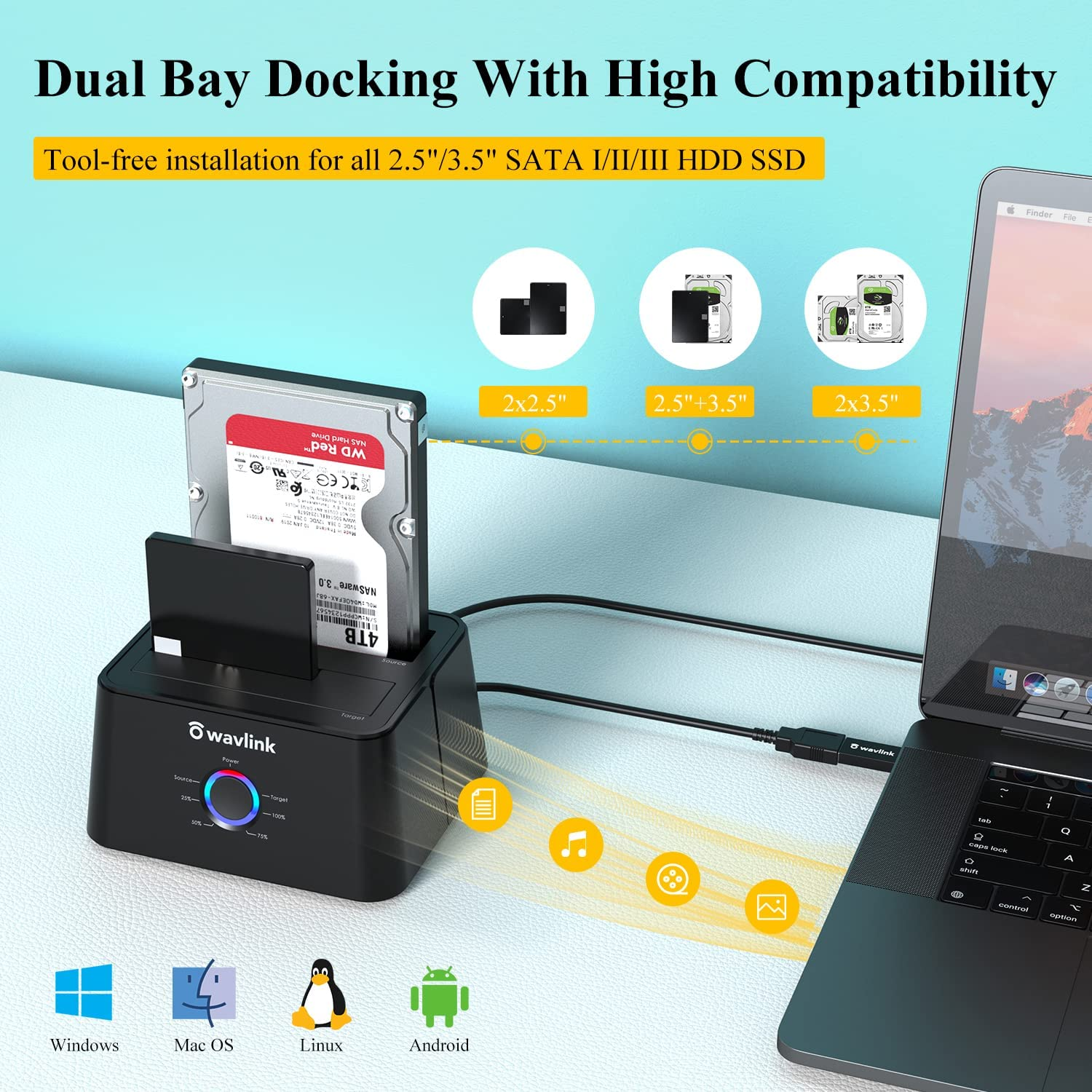 WAVLINK Dual Bay External Hard Drive Dock, USB 3.0 to SATA HDD Docking Station for 2.5/3.5 Inch HDD SSD, Support Offline Clone/Backup/Uasp Functions-2&times;16Tb, Black image number 4
