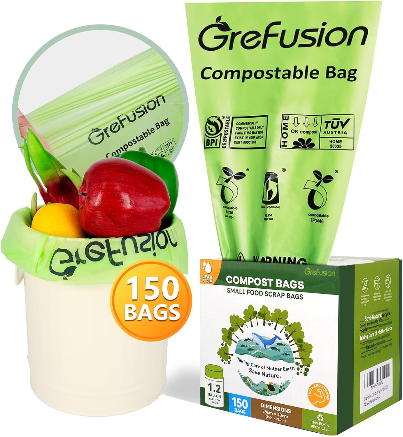 Grefusion Compostable Trash Bags for Kitchen Bin 1.2 Gallon, 125 Count, Small Food Scrap Waste Bags for Countertop Bin, BPI, ASTM D6400 and OK Compost Certified