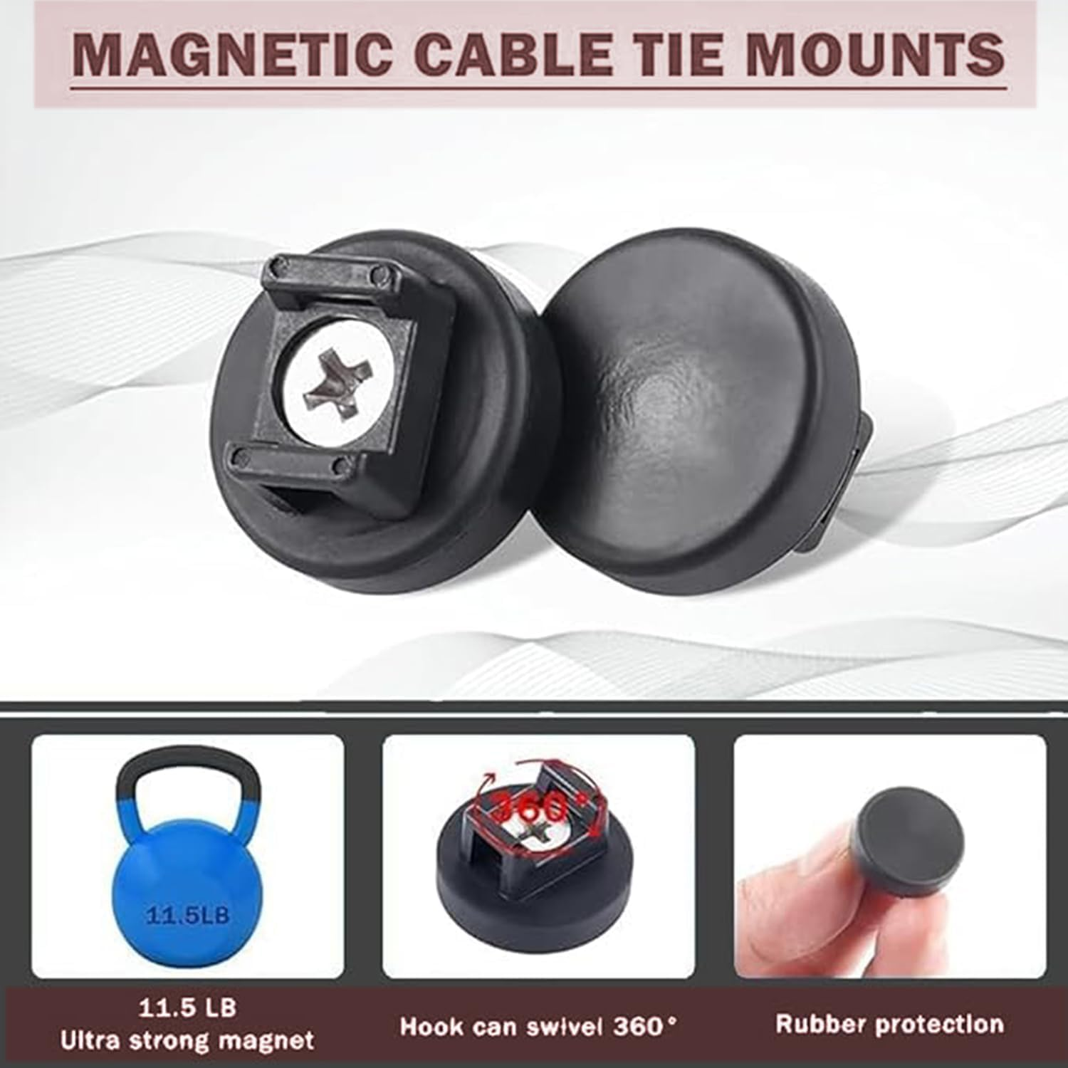 Roczential Magnetic Cable Zip Tie Mount Kit, Magnetic Zip Tie Mount, Magnetics Wire Holder, Strong Magnetics Wire Mounts Base with Nylon Zips Ties, for Cable Management (10Pcs,) (22Mm) image number 2