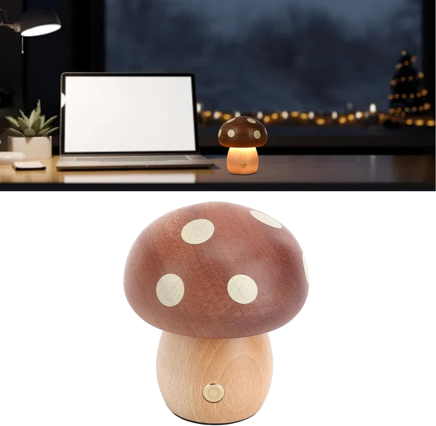 Jectse LED Wooden Mushroom Table Lamp Stepless Dimming Nightstand Lamp for Bedroom Home Decoration image number 1