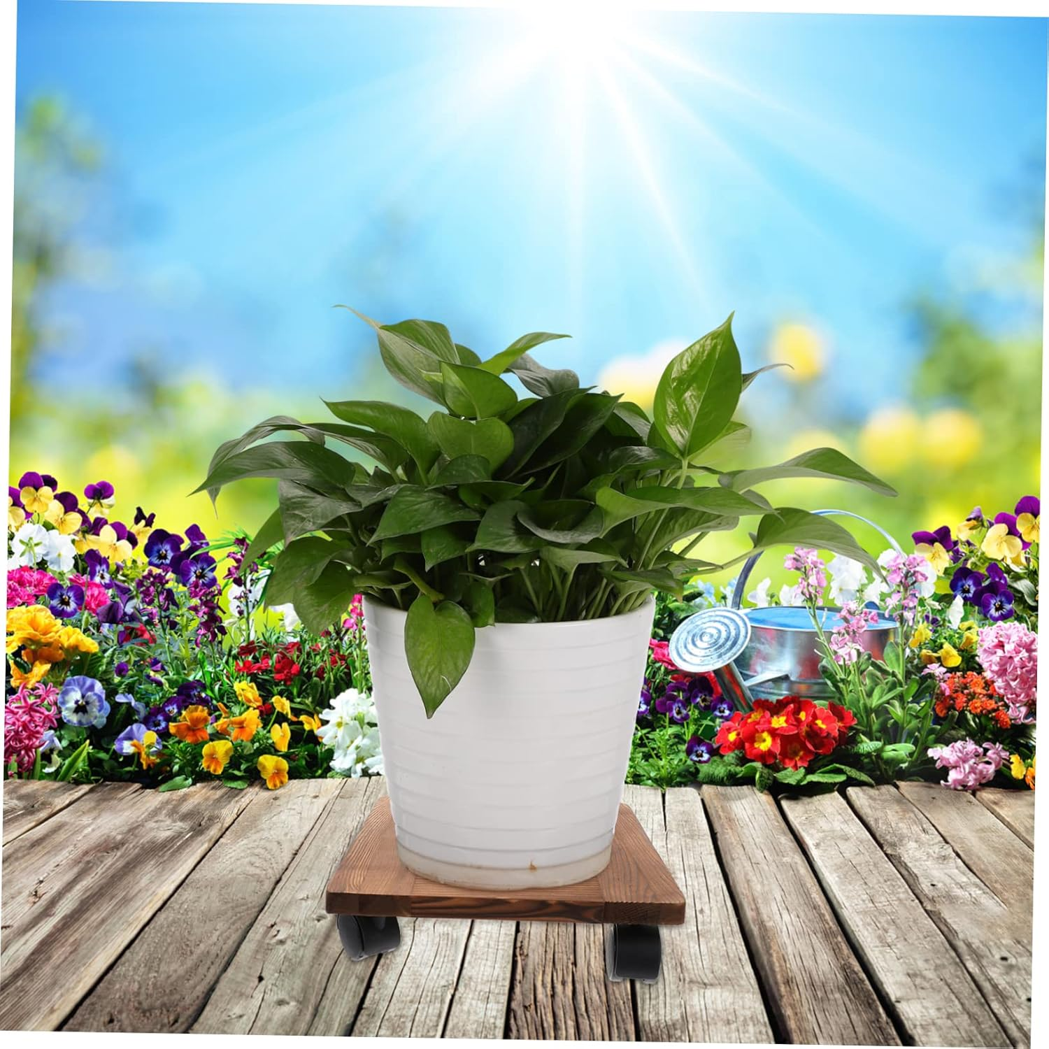 Movable Flowerpot Tray Wooden Plant Pot Tray Wheels for Indoor Plant Pot Stand Hollow Design for Flower