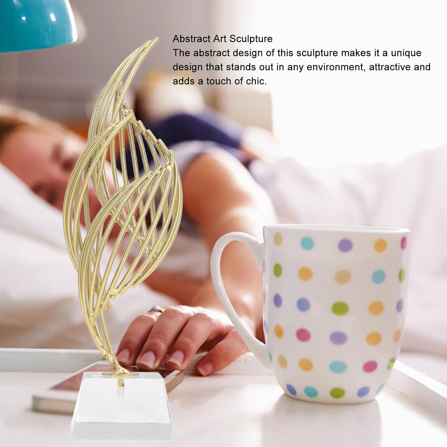 Metal Abstract Art Sculpture Iron Abstract Decorative Statue Modern Luxury Home Decor with Glass Base for Desk Shelf Living Room Office (Crystal White) image number 5