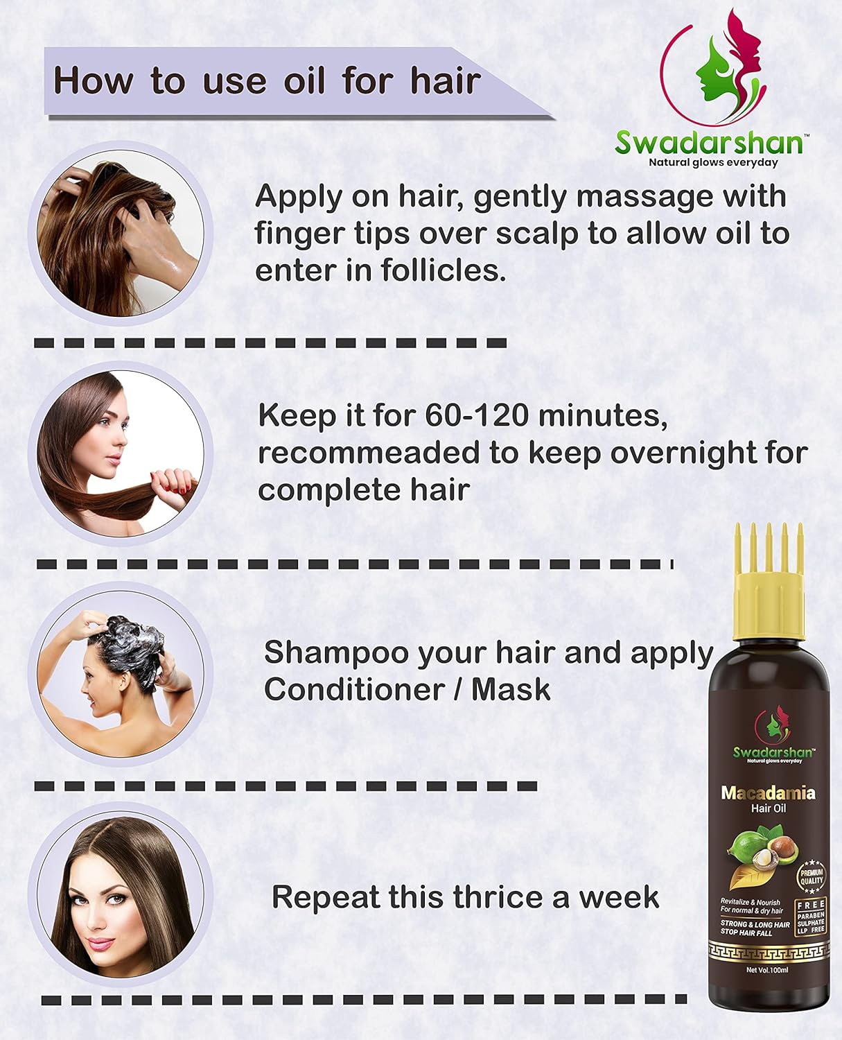 Swadarshan Macadamia Hair Oil for Curly Hair Strengthen Smoothing and Moisturizing Hair Scalp Reducing Frizz & Flyaways with Macadamia Nuts Aritha Heena & Coconut (Single100Ml) image number 4