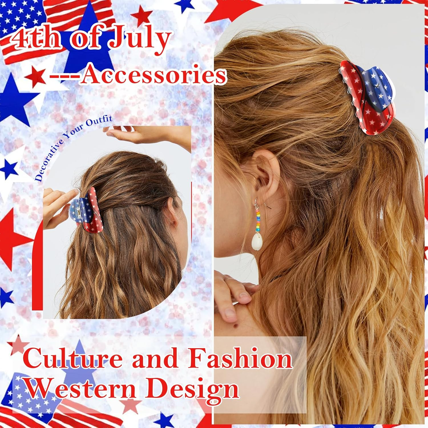 4Th of July Hair Accessories for Women Girls, Hapdoo American Flag Claw Clips Blue Red White Stars, Independence Patriotic Hair Clip Western Cowboy Hat Shaped