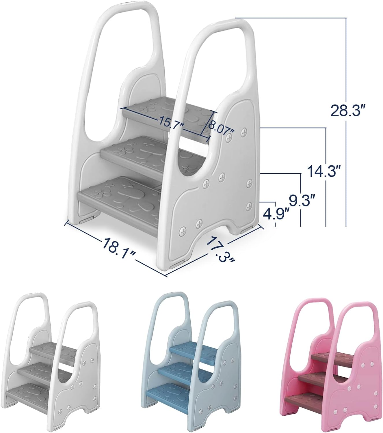 3 Step Stool for Toddler,Kids Three Step Stool for Bathroom Sink or Kitchen Counter Standing Tower, Children Step up Learning Helper with Safety Handles and Non-Slip Pads,Blue - Pink image number 3