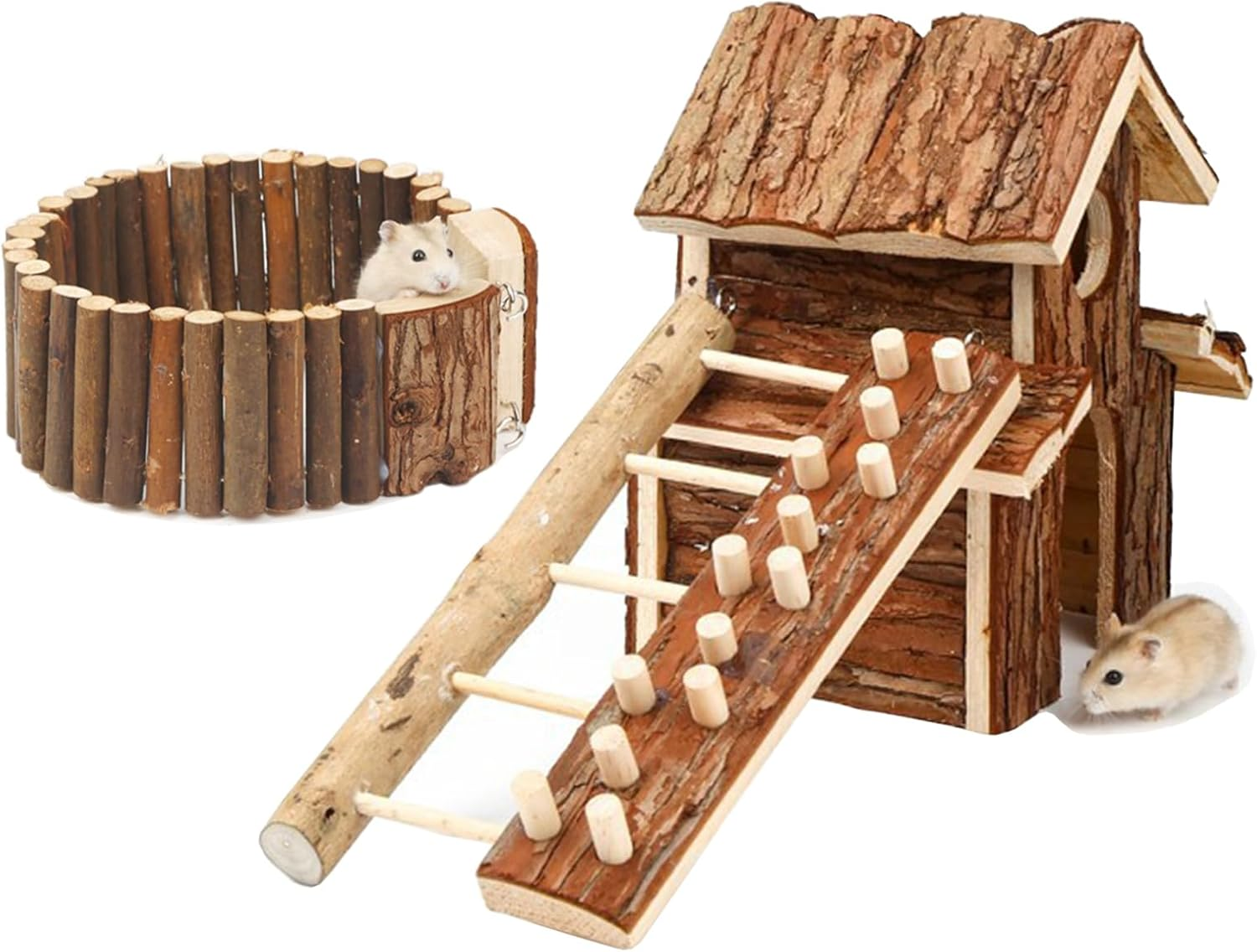 Small Animal Amusement Wooden Villa House Hideouts Playground with Ladder, Fit for Chinchilla, Guinea Pigs, Gerbil, Dwarf Mice, Hedgehog (3 Pcs) image number 4