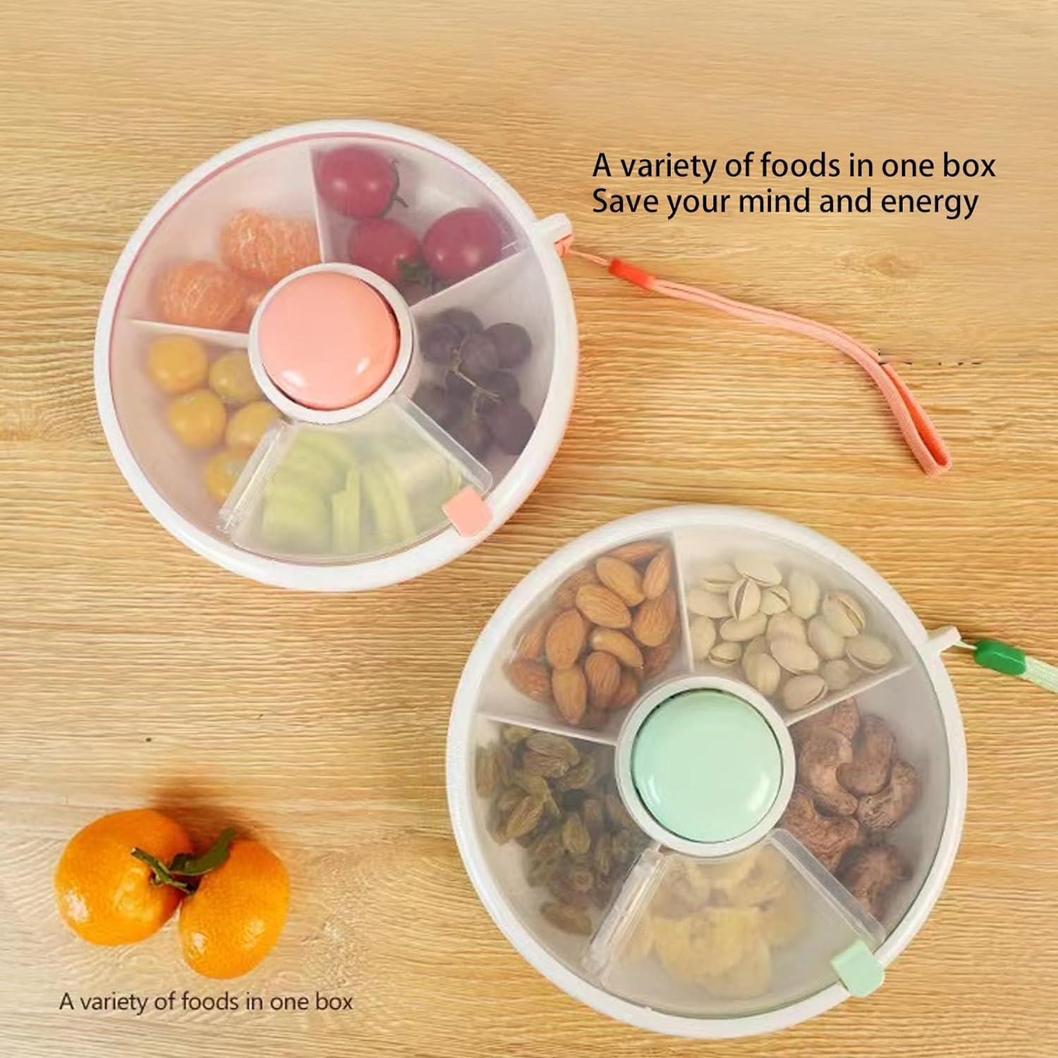 Walquicks Snack Spinner with Hand Strap Reusable Snack Container with 5 Compartments and Lid, Portable Melon Candy Seeds Organizer Storage Boxes, Leak-Proof Divided Snack Serving Tray for Travel image number 3